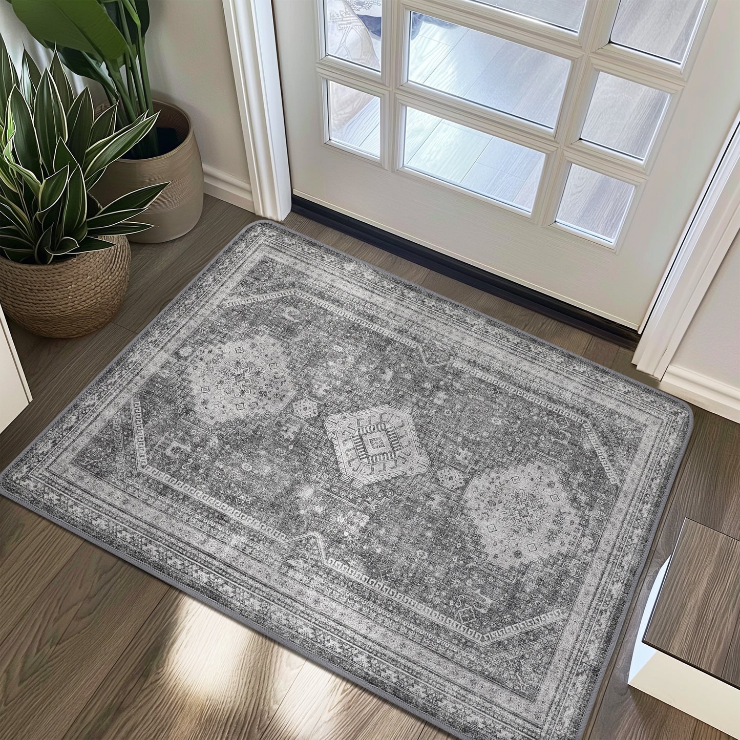 KUETH Area Rug Living Room Clearance, Non Slip Indoor Vogue Area Rugs, Low Pile Chenille Large Print Mat for Bedroom Dining Room Home Office and Hall, Gray