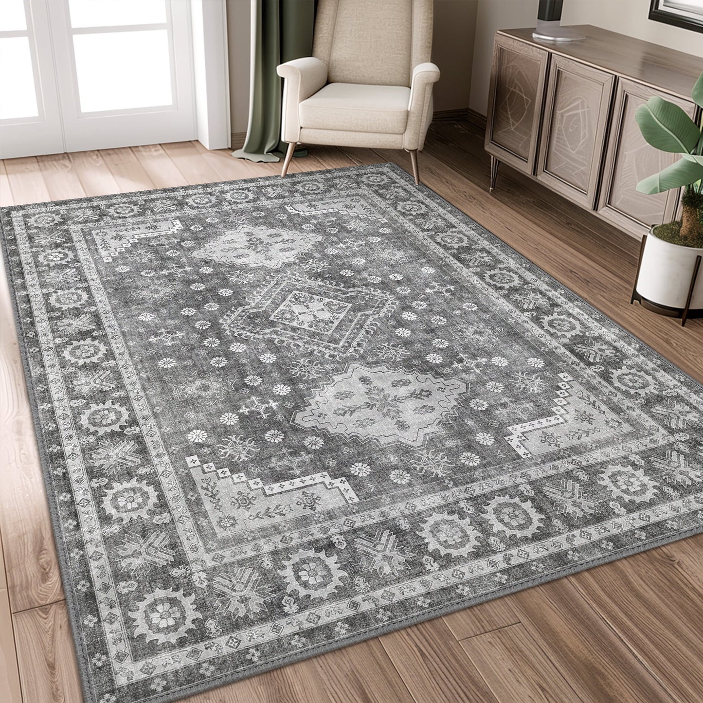KUETH 6x9 Area Rugs for Bedroom Living Room, Machine Washable Stain Resistant Floor Cover, Large Print Boho Vintage Tribal Aesthetic Carpet, Low Pile Mat with Non Slip Rubber Backing, Distressed Gray