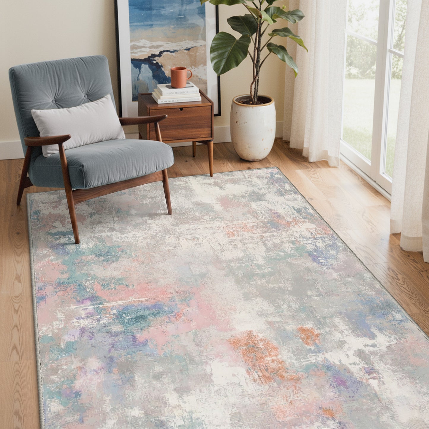 KUETH 8X10 Vintage Area Rugs Machine Washable Rugs for Living Room, Non Slip Flat Pile Rug with Rubber Backing, Boho Rug for Entryway Bedroom Dining Room Home Office