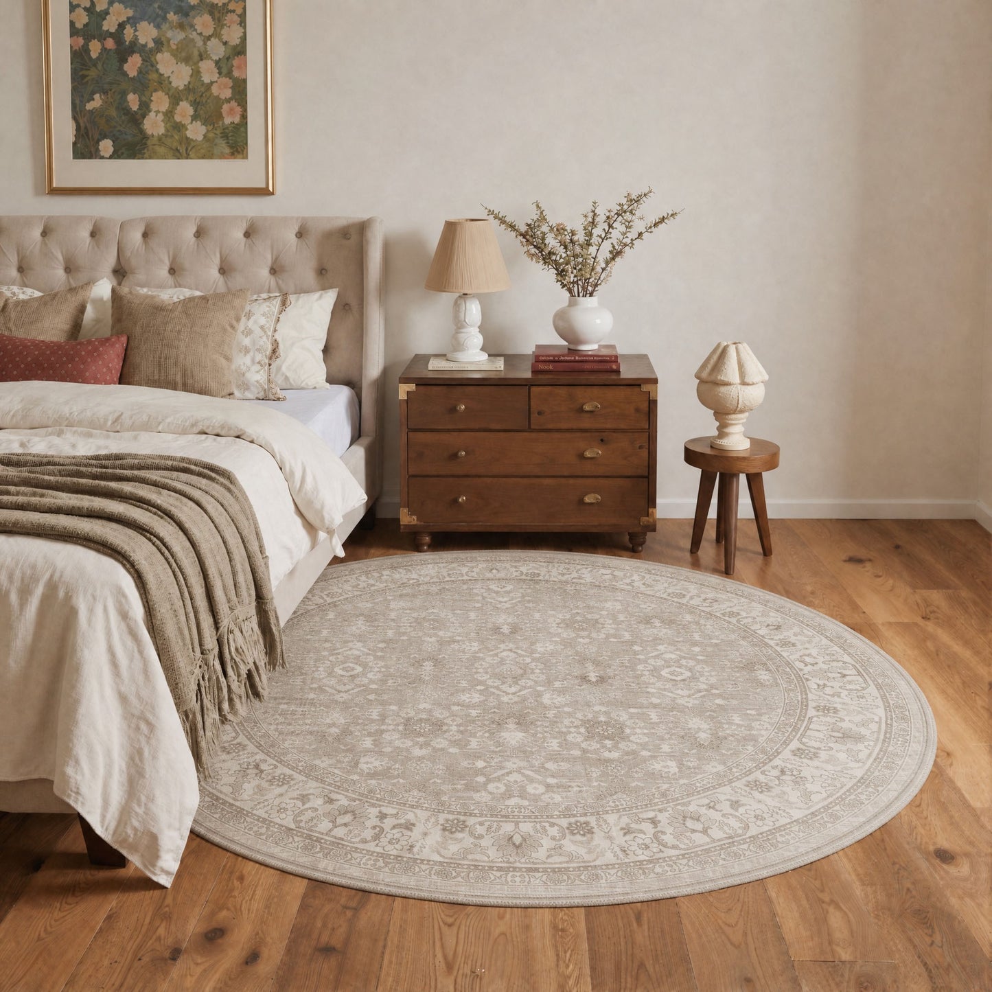 KUETH 8X10 Machine Washable Area Rug, Low Pile Non-Slip Backing Carpet for Living Room and Bedroom, Pet-Friendly Vintage Floral Medallion Rug, Beige