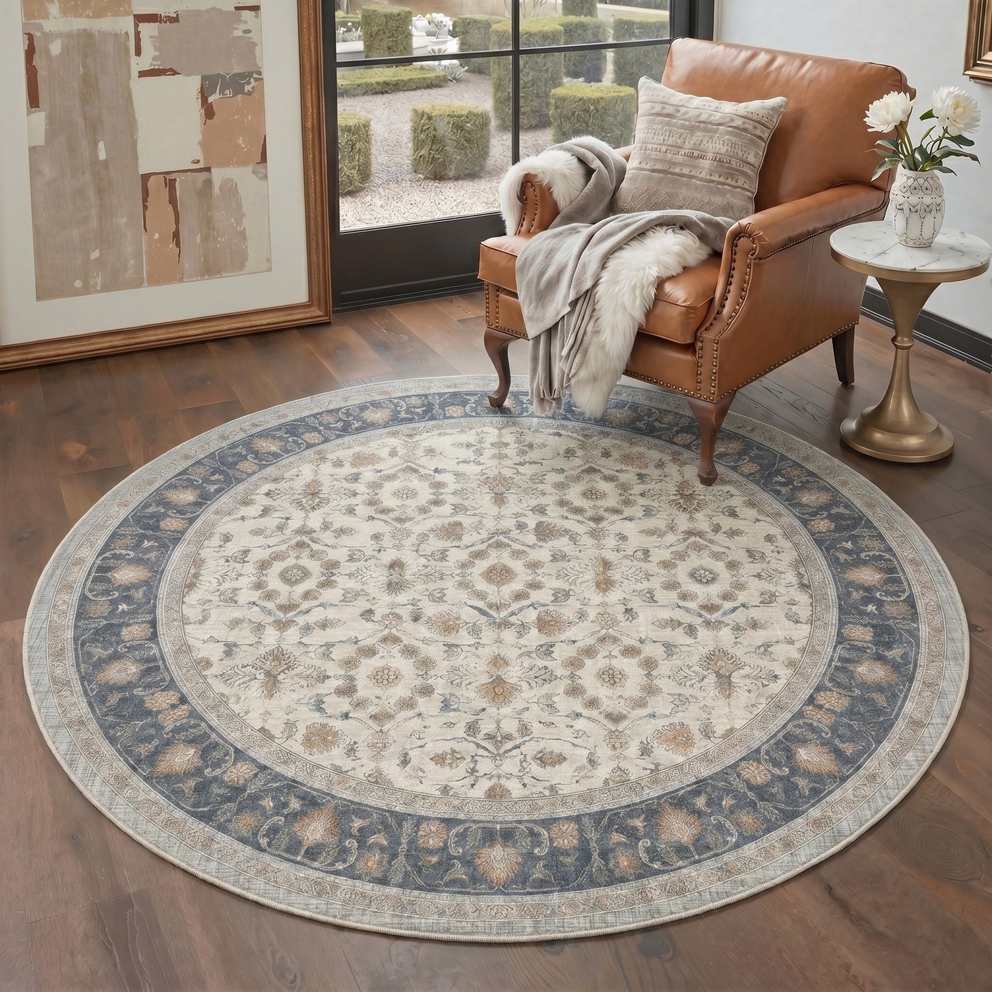 KUETH 8X10 Machine Washable Area Rug, Low Pile Non-Slip Backing Carpet for Living Room and Bedroom, Pet-Friendly Vintage Floral Medallion Rug, Blue