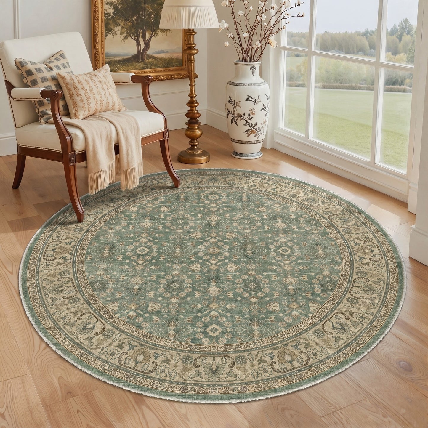 KUETH 8X10 Machine Washable Area Rug, Low Pile Non-Slip Backing Carpet for Living Room and Bedroom, Pet-Friendly Vintage Floral Medallion Rug, Green