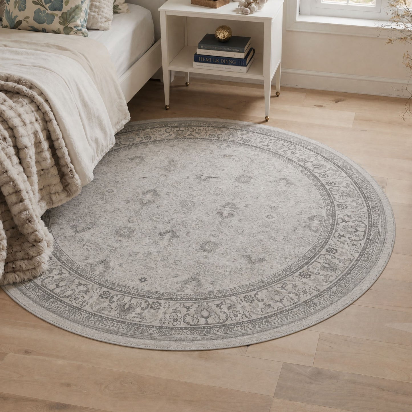 KUETH 8X10 Machine Washable Area Rug, Low Pile Non-Slip Backing Carpet for Living Room and Bedroom, Pet-Friendly Vintage Floral Medallion Rug, Gray