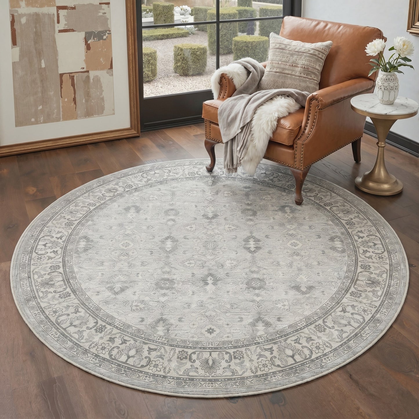 KUETH 8X10 Machine Washable Area Rug, Low Pile Non-Slip Backing Carpet for Living Room and Bedroom, Pet-Friendly Vintage Floral Medallion Rug, Gray