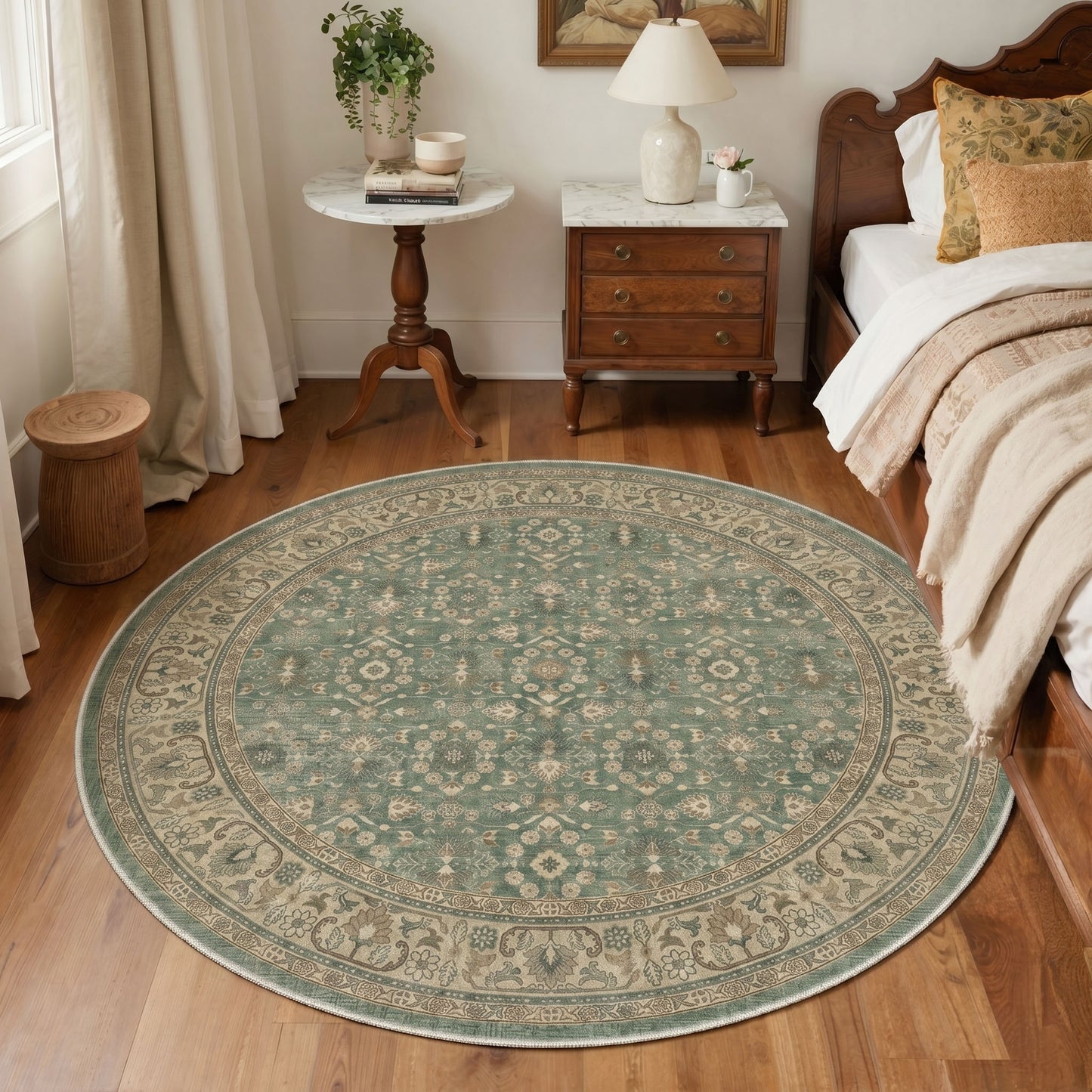 KUETH 8X10 Machine Washable Area Rug, Low Pile Non-Slip Backing Carpet for Living Room and Bedroom, Pet-Friendly Vintage Floral Medallion Rug, Green