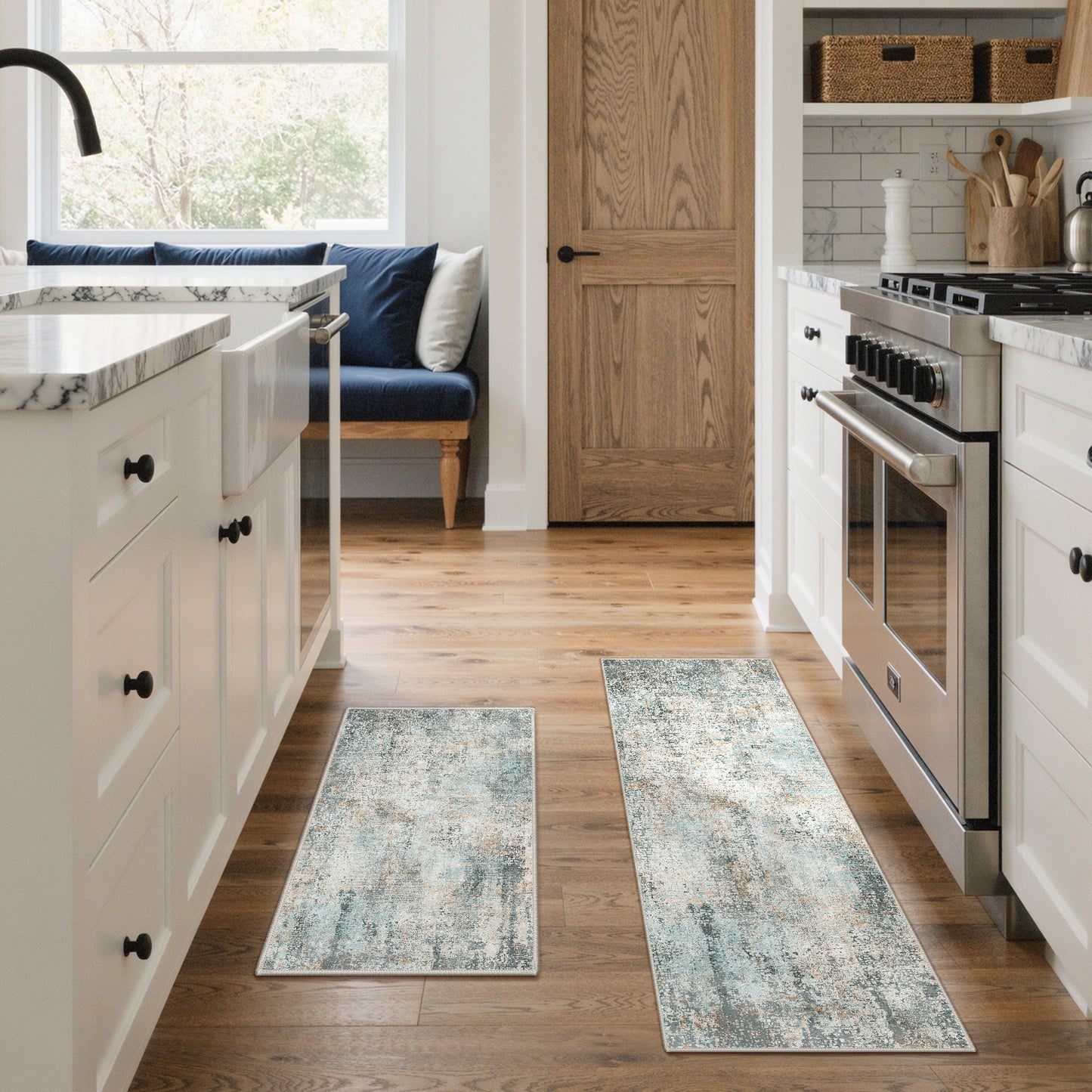 KUETH Kitchen Mats for Floor,Sets of 3 Non Slip Washable Abstract Kitchen Rugs 20"x32"+20"x48"+20"x59", Kitchen Runner Rug with Waterproof for Hallway, Laundry, Bathroon and Bedroom