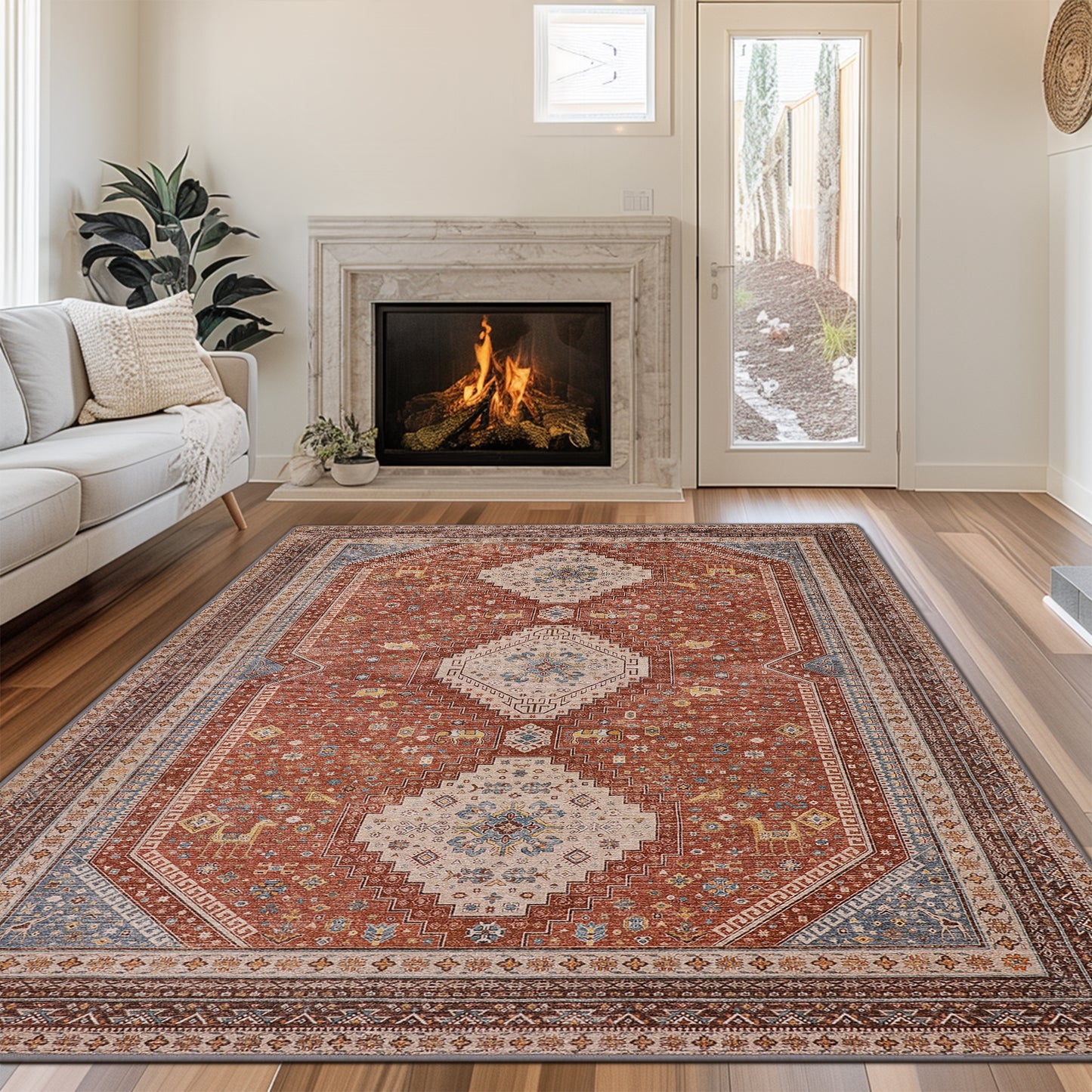 8' x 10' Red Vintage Performance Machine Washable Non-Slip Area Rug