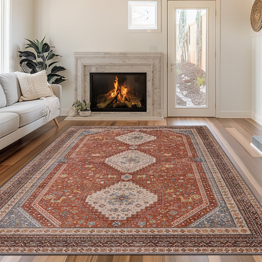 8' x 10' Red Vintage Performance Machine Washable Non-Slip Area Rug