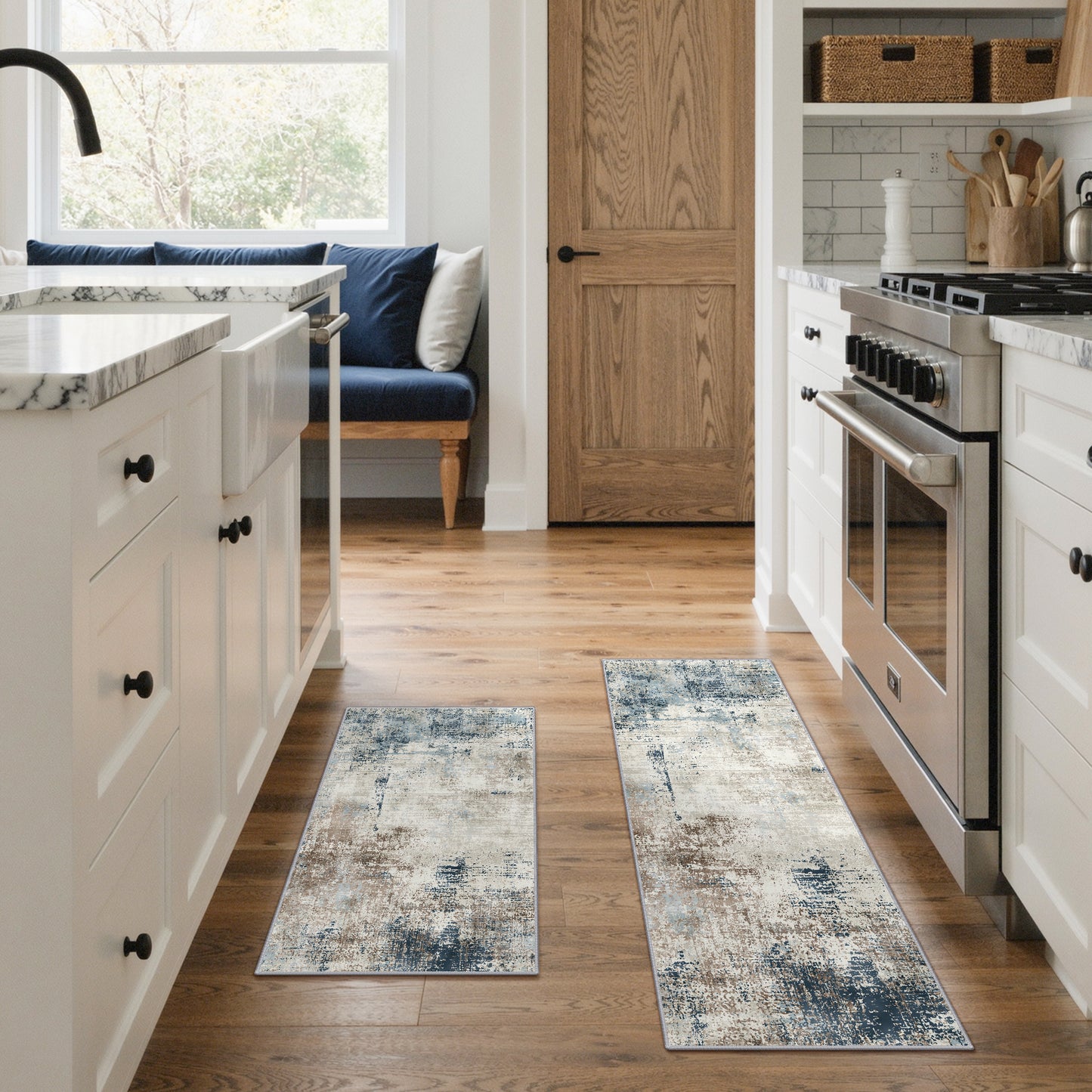 KUETH Kitchen Mats for Floor,Sets of 3 Non Slip Washable Abstract Kitchen Rugs 20"x32"+20"x48"+20"x59", Kitchen Runner Rug with Waterproof for Hallway, Laundry, Bathroon and Bedroom