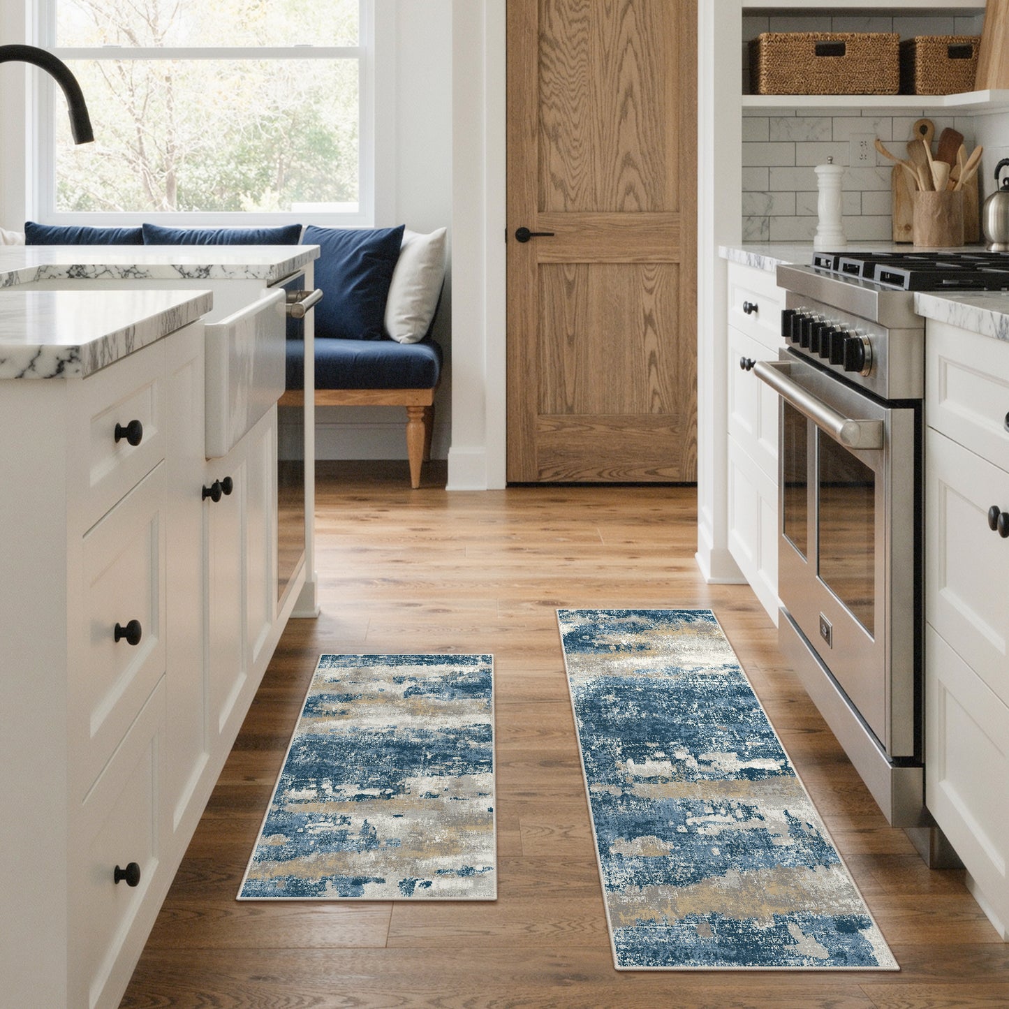 KUETH Kitchen Mats for Floor,Sets of 3 Non Slip Washable Abstract Kitchen Rugs 20"x32"+20"x48"+20"x59", Kitchen Runner Rug with Waterproof for Hallway, Laundry, Bathroon and Bedroom