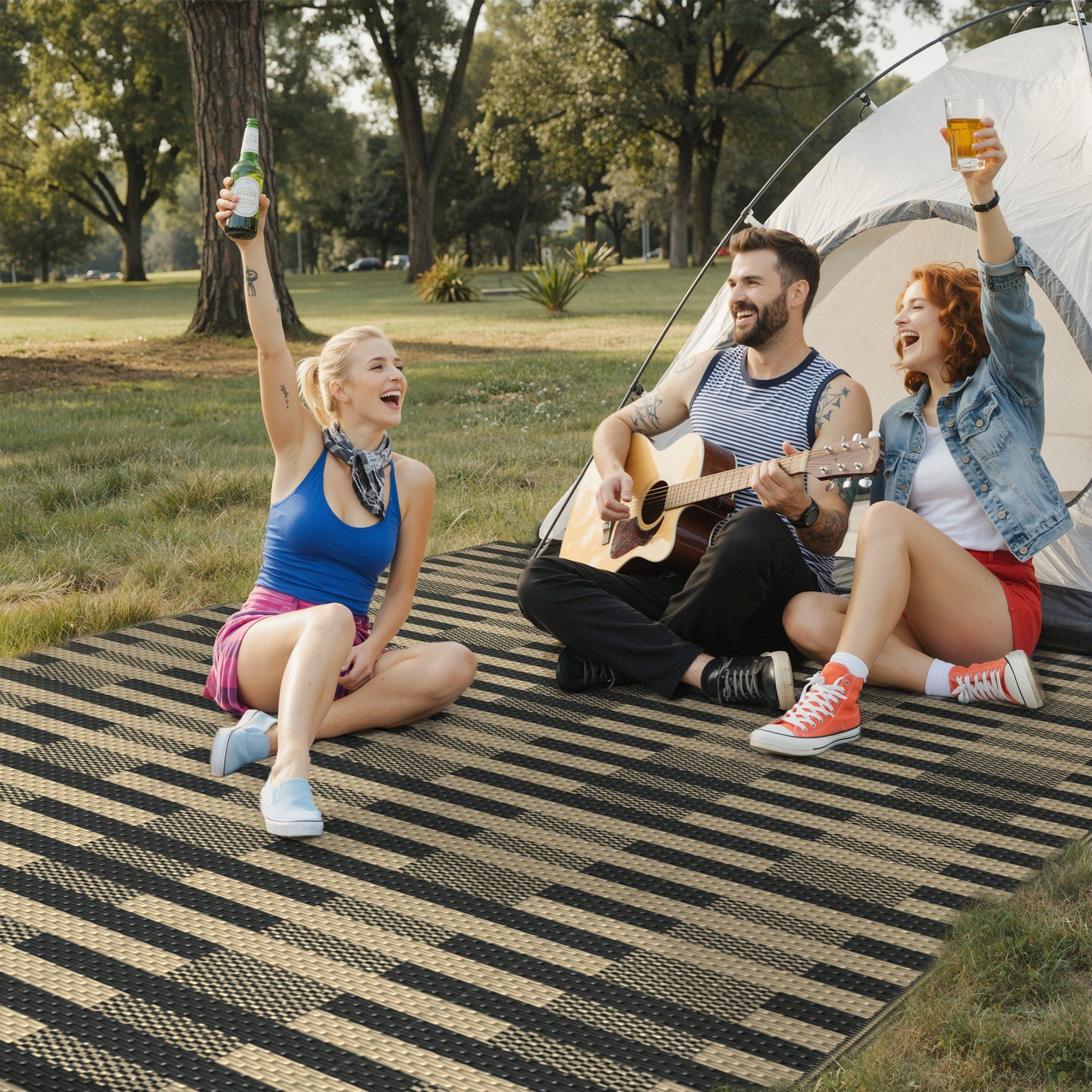 KUETH 6'x 9' Black and Beige Outdoor Plastic Rug Foldable Waterproof UV Resistant Reversible Outdoor Patio Geometric RV Deck Camping Rug