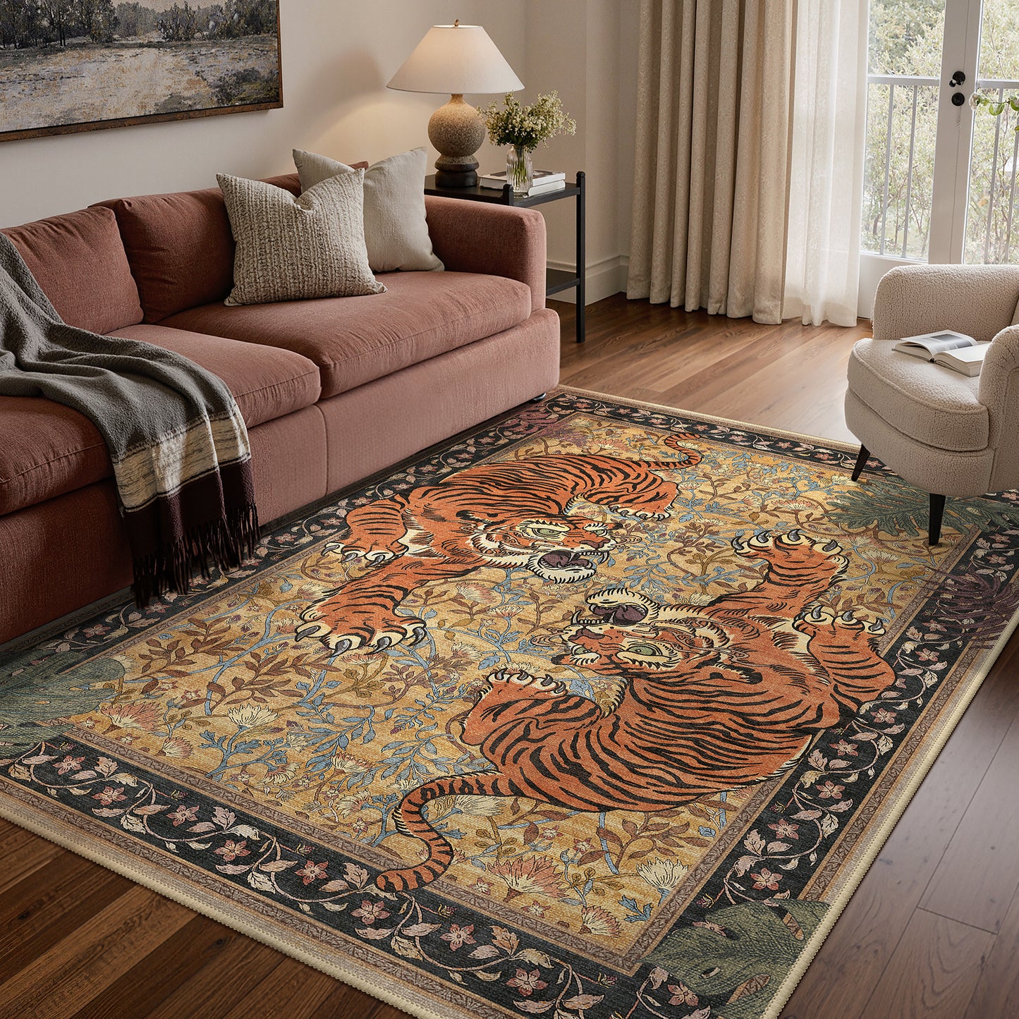 KUETH 8'x10' Tiger Area Rugs for Living Room, Non Slip Machine Washable Vintage Boho Rug, Low Pile Print Rug for Bedroom Dining Room Home Office