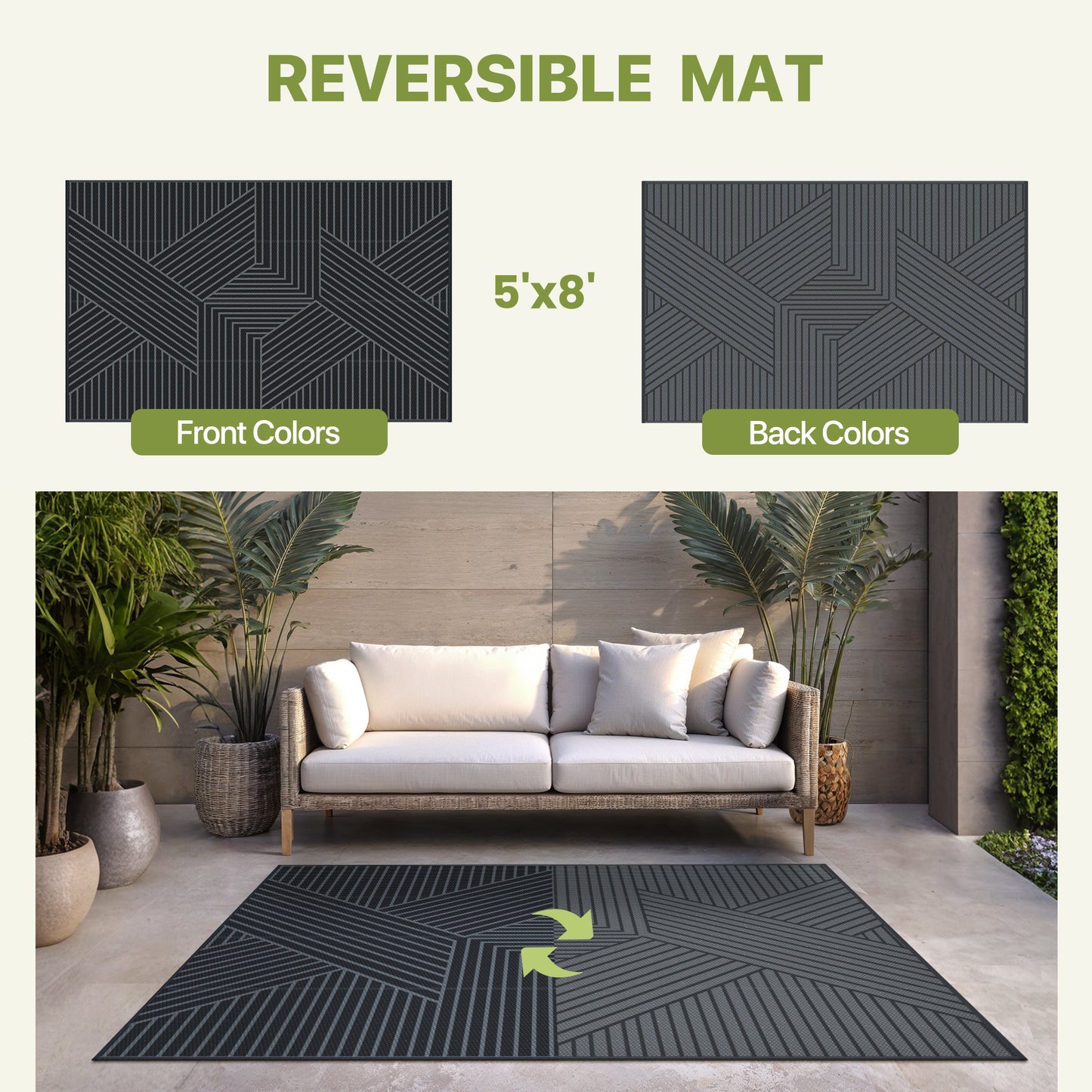 KUETH 5'x 8' Outdoor Rug Plastic Foldable Waterproof Outside Carpet UV Resistant Geometric Patio RV Deck Mat,BLACK GREY