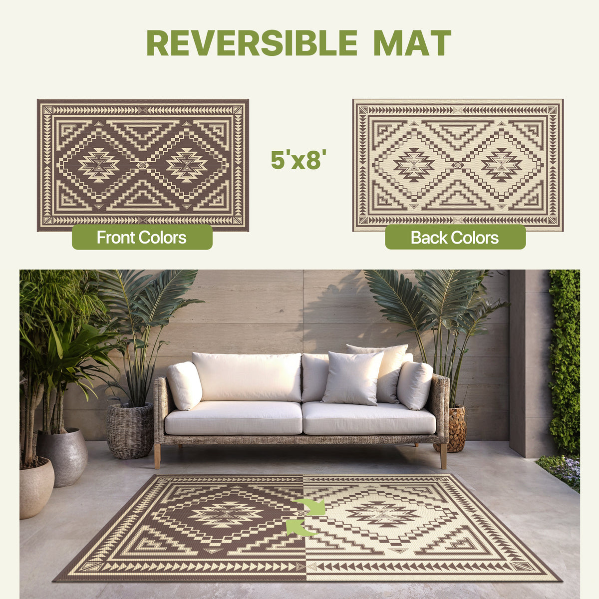 KUETH 5' x 8' Outdoor Rug Waterproof for Patio Carpet Plastic Reversible Straw Outdoor Rug for Camping Picnic Geometric Mat ,COFFEE&BEIGE