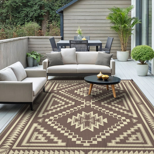 KUETH 5' x 8' Outdoor Waterproof Rug Camping Mat Patio Carpet,COFFEE&BEIGE