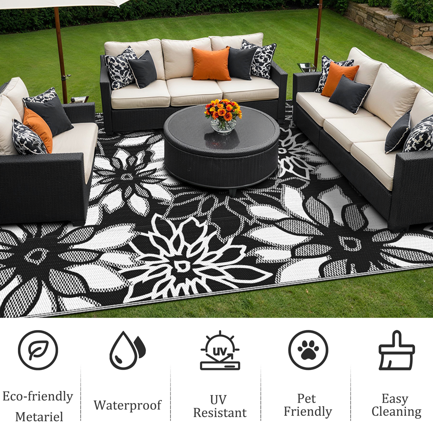 KUETH 5'x 8' Outdoor Waterproof Rug Plastic Mat Easy cleaning Durable Fashion Recyclable Material