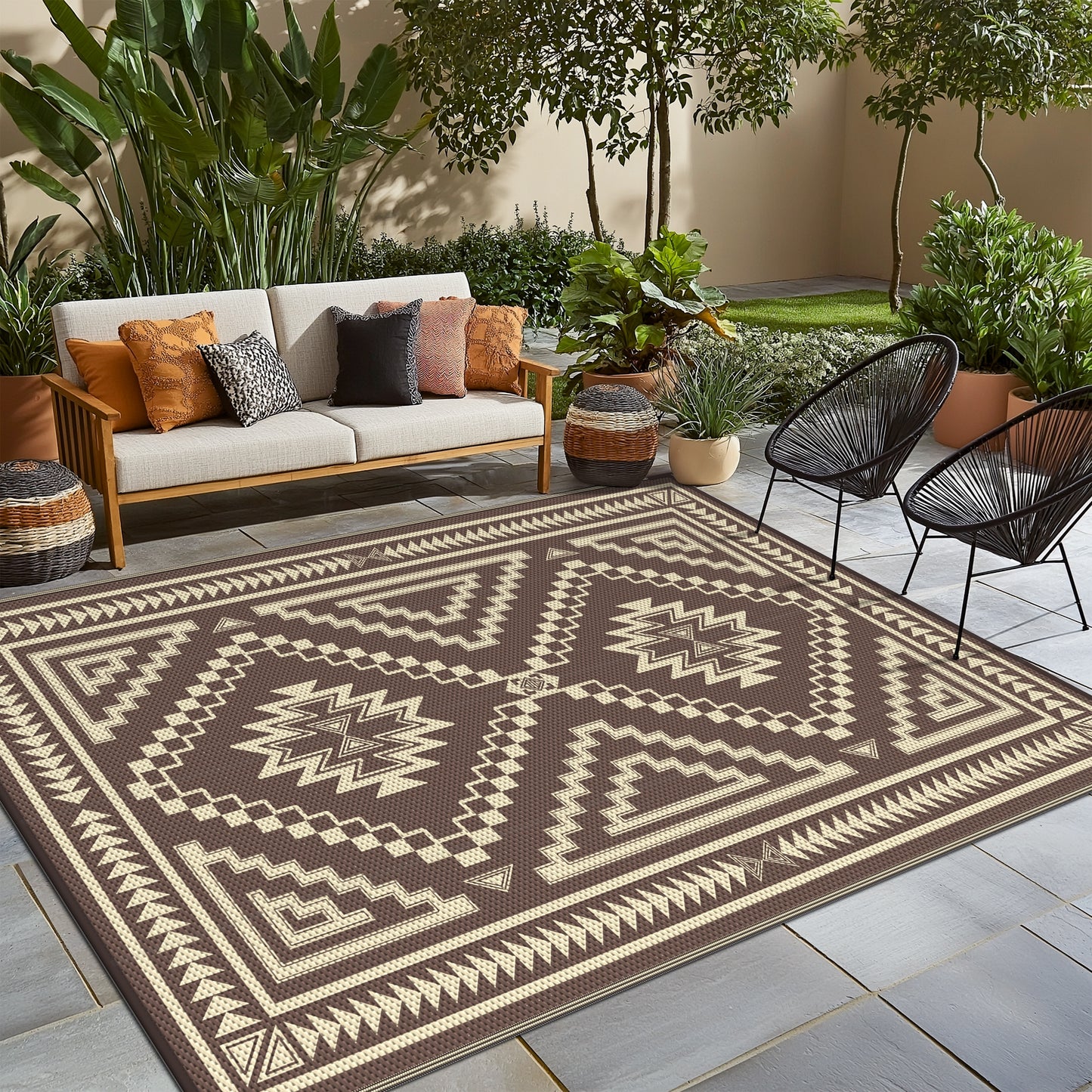 KUETH 5' x 8' Outdoor Waterproof Rug Camping Mat Patio Carpet,COFFEE&BEIGE