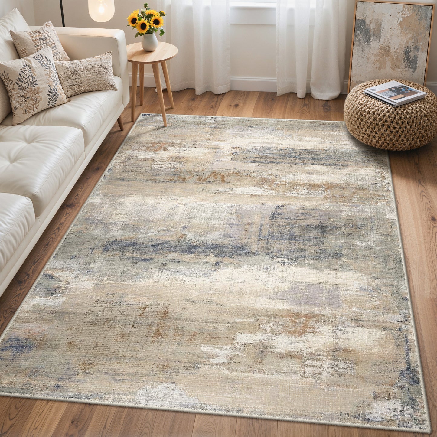 KUETH 8X10 Vintage Area Rugs Machine Washable Rugs for Living Room, Non Slip Flat Pile Rug with Rubber Backing, Boho Rug for Entryway Bedroom Dining Room Home Office