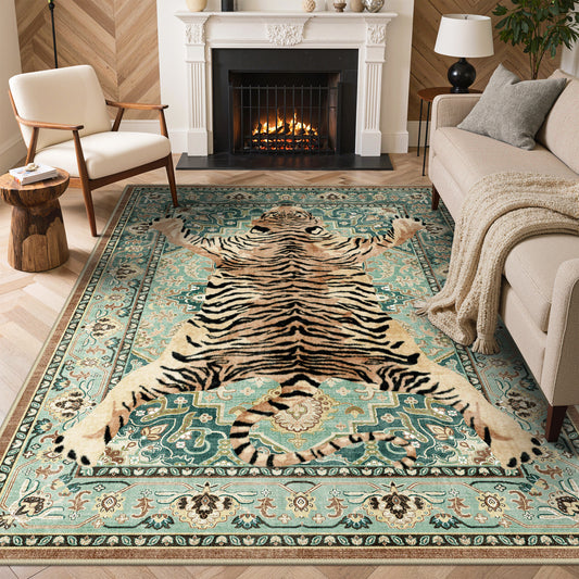 KUETH 5'x7' Tiger Area Rugs for Living Room, Non Slip Machine Washable Vintage Boho Rug, Low Pile Print Rug for Bedroom Dining Room Home Office