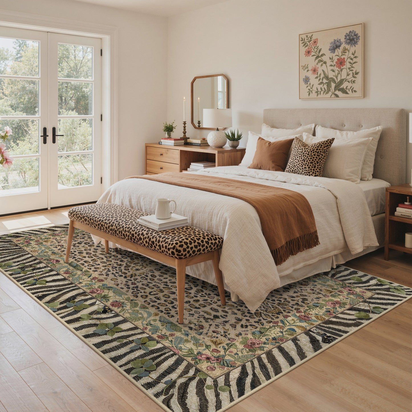 KUETH 8x10 Area Rugs for Living Room Non Slip Low Pile Lightweight Print Pattern, Machine Washable Indoor Rug for Bedroom Home Decor, Leopard Floral, Dusty Camel
