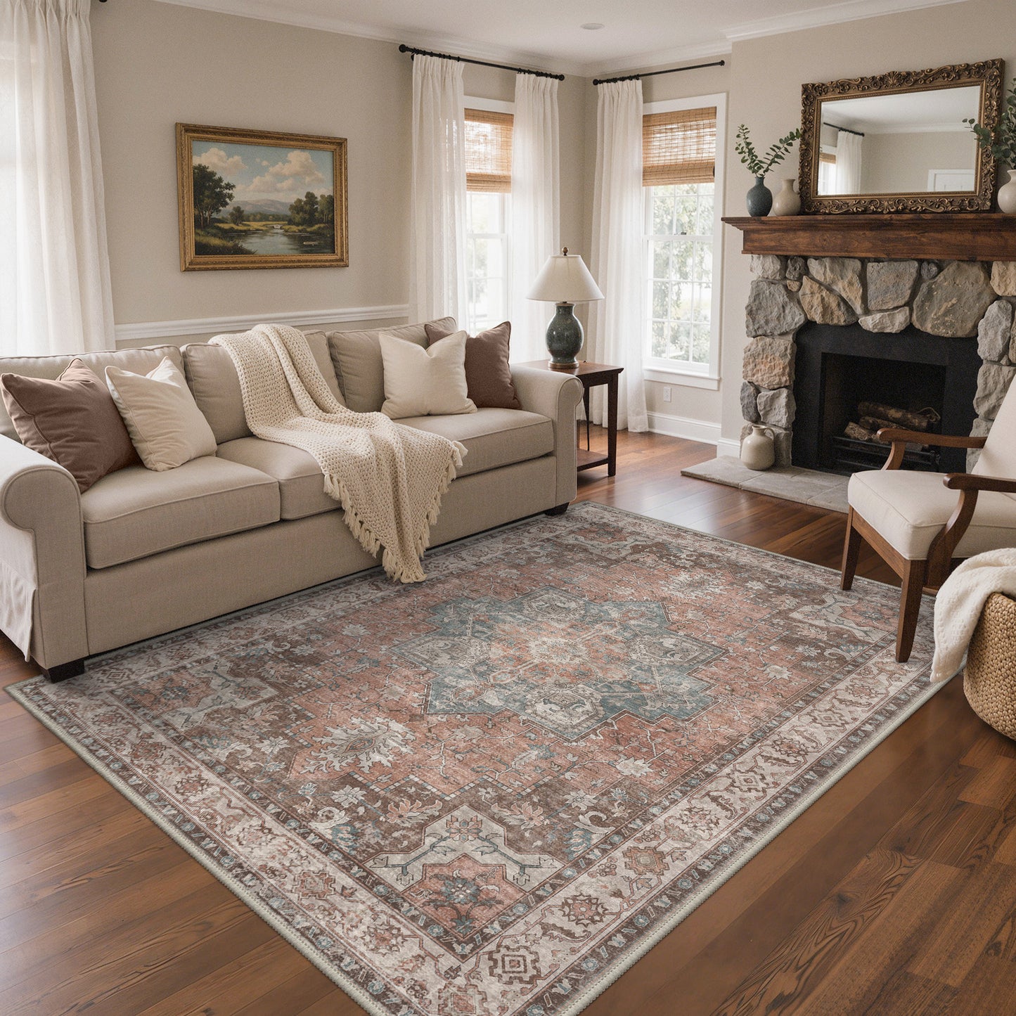 KUETH 8X10 Vintage Area Rugs Machine Washable Rugs for Living Room, Non Slip Flat Pile Rug with Rubber Backing, Persian Rug for Entryway Bedroom Dining Room Home Office