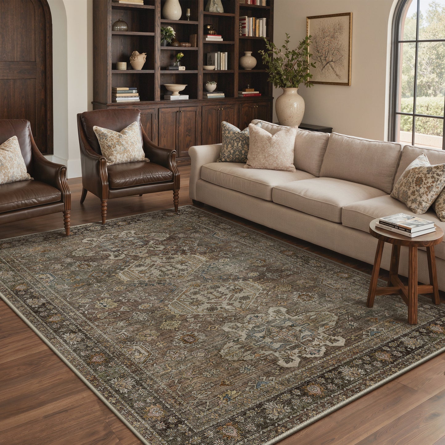 KUETH Modern 8x10 Area Rugs for Living Room, Non Slip Machine Washable Retro Rugs, Low Pile Chenille Print Rug for Bedroom, Dining Room, Home Office