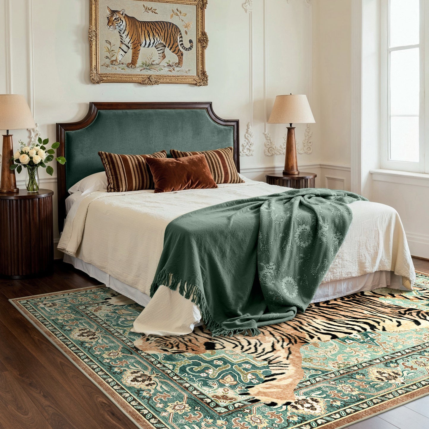 KUETH 5'x7' Tiger Area Rugs for Living Room, Non Slip Machine Washable Vintage Boho Rug, Low Pile Print Rug for Bedroom Dining Room Home Office