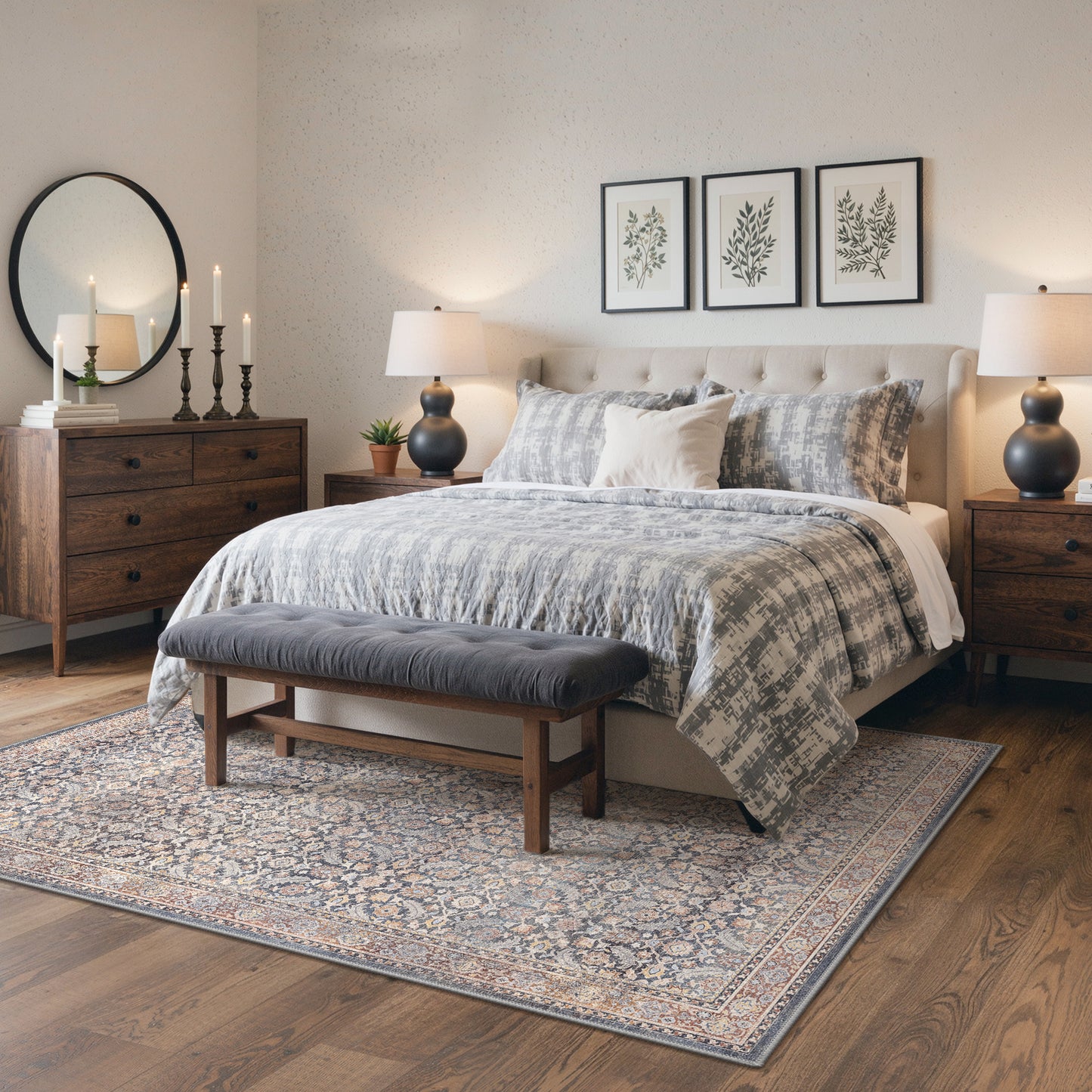 KUETH Modern 5x7 Area Rugs for Living Room, Non Slip Machine Washable Retro Rugs, Low Pile Chenille Print Rug for Bedroom, Dining Room, Home Office