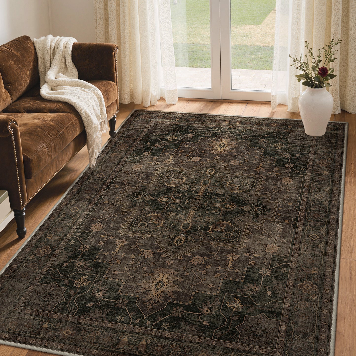 KUETH Modern 8x10 Area Rugs for Living Room, Non Slip Machine Washable Retro Rugs, Low Pile Chenille Print Rug for Bedroom, Dining Room, Home Office, Charcoal Brown