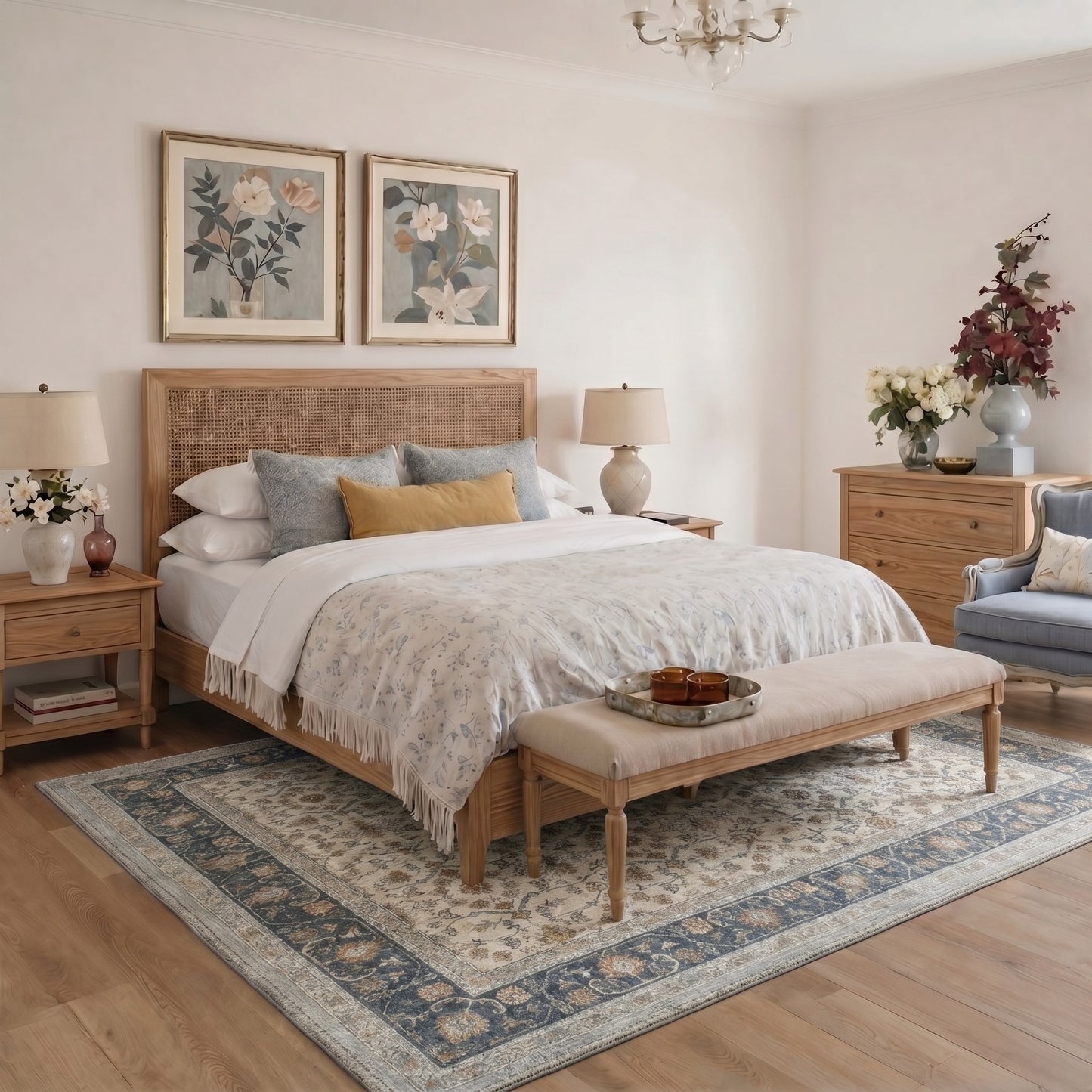 KUETH 8X10 Machine Washable Area Rug, Low Pile Non-Slip Backing Carpet for Living Room and Bedroom, Pet-Friendly Vintage Floral Medallion Rug, Blue
