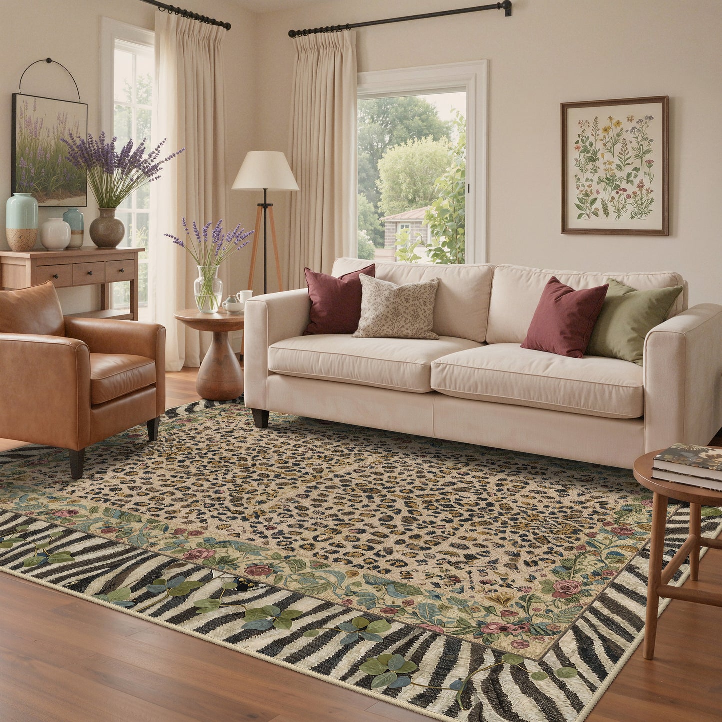 KUETH 8x10 Area Rugs for Living Room Non Slip Low Pile Lightweight Print Pattern, Machine Washable Indoor Rug for Bedroom Home Decor, Leopard Floral, Dusty Camel