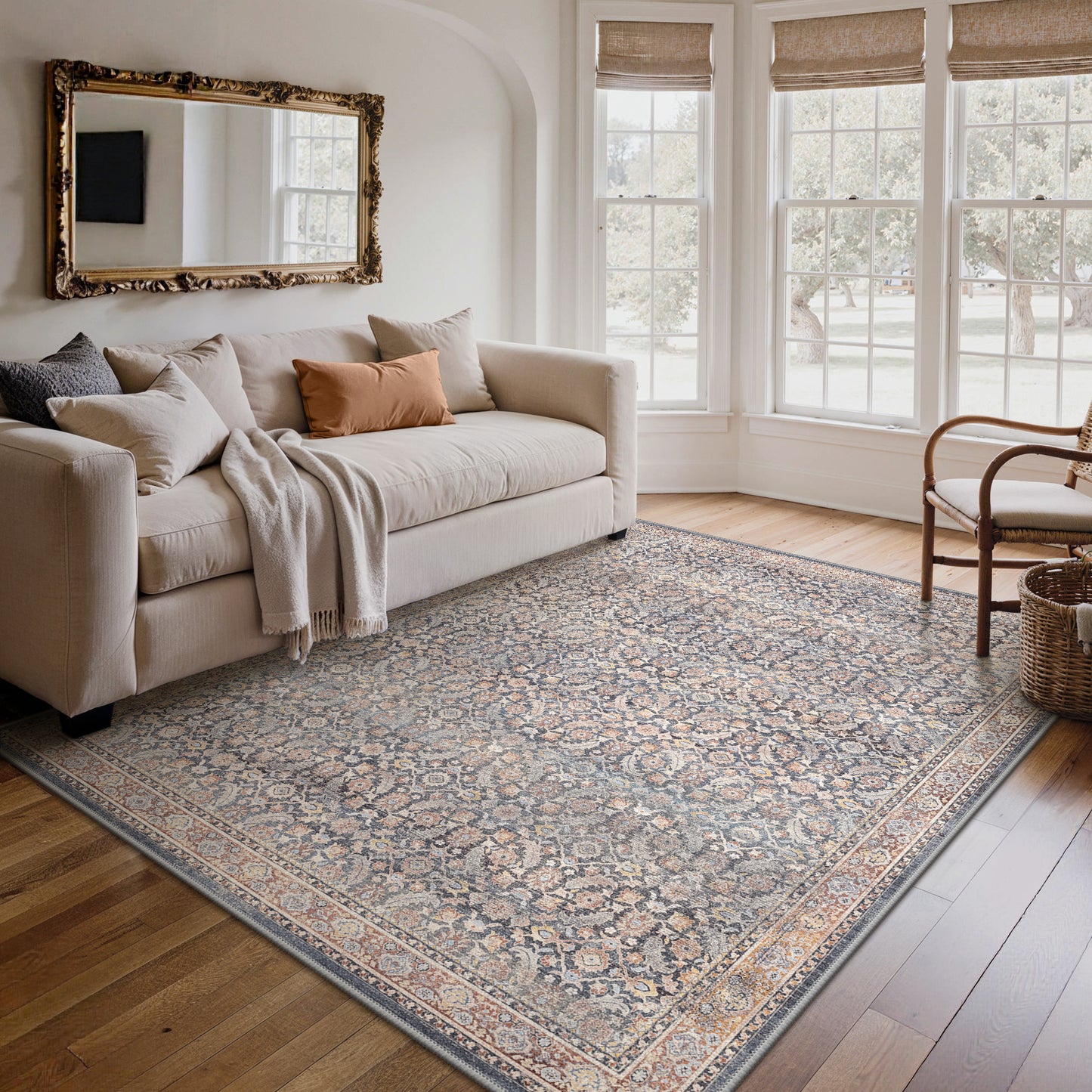 KUETH Modern 5x7 Area Rugs for Living Room, Non Slip Machine Washable Retro Rugs, Low Pile Chenille Print Rug for Bedroom, Dining Room, Home Office