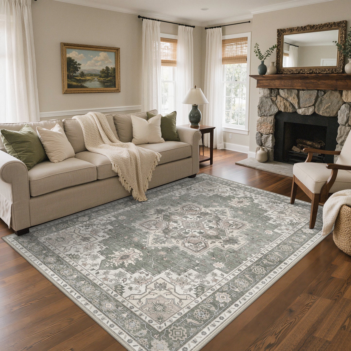 KUETH 8X10 Vintage Area Rugs Machine Washable Rugs for Living Room, Non Slip Flat Pile Rug with Rubber Backing, Persian Rug for Entryway Bedroom Dining Room Home Office
