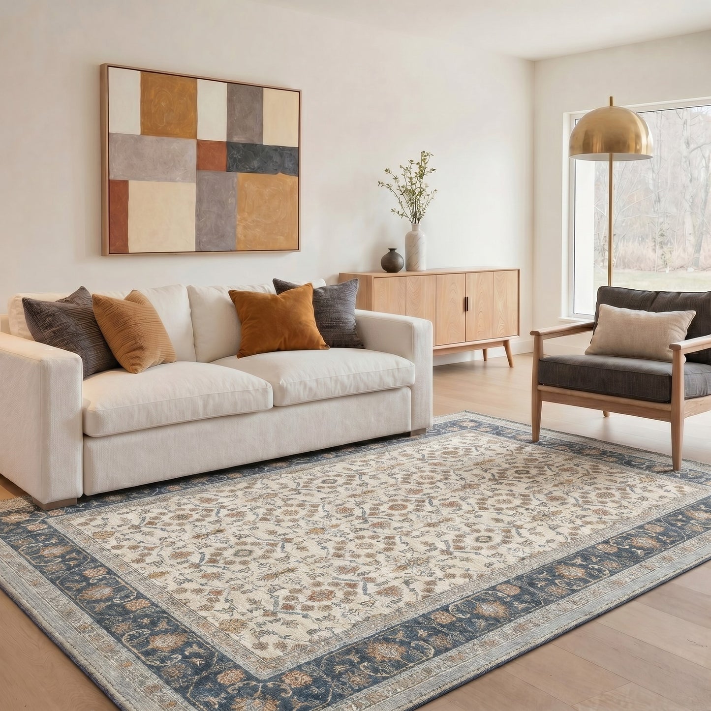KUETH 8X10 Machine Washable Area Rug, Low Pile Non-Slip Backing Carpet for Living Room and Bedroom, Pet-Friendly Vintage Floral Medallion Rug, Blue