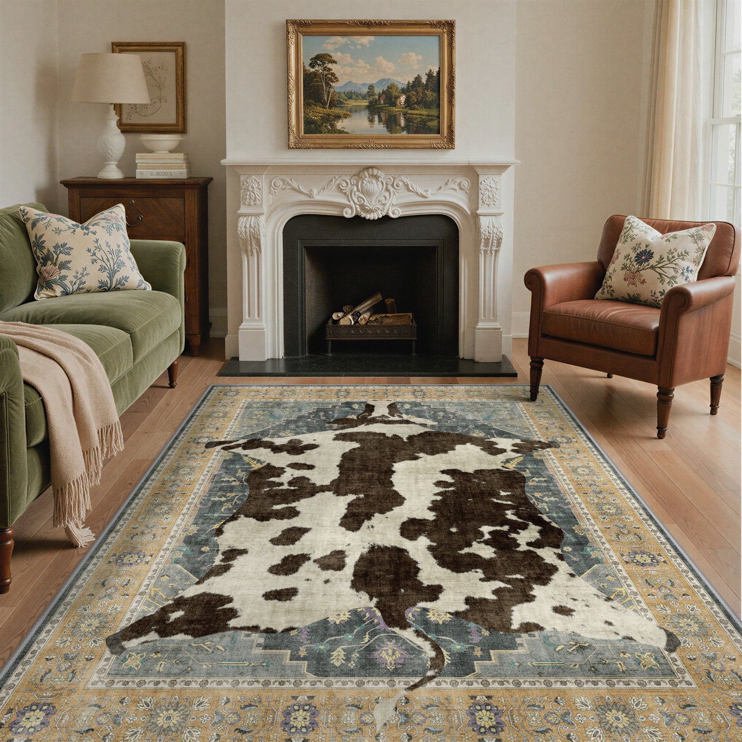 KUETH 5'x7' Cow Area Rugs for Living Room, Non Slip Machine Washable Vintage Boho Rug, Low Pile Print Rug for Bedroom Dining Room Home Office