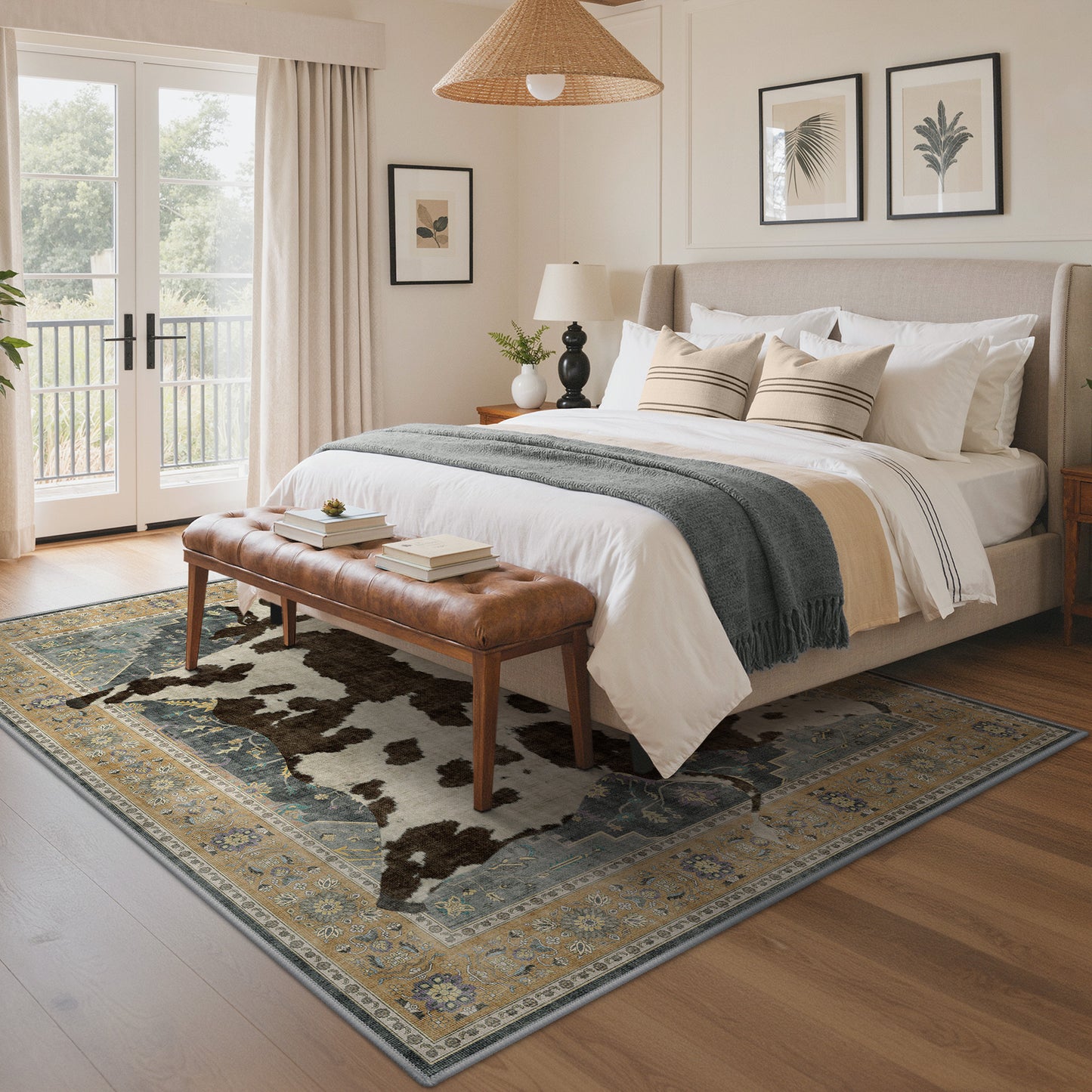KUETH 5'x7' Cow Area Rugs for Living Room, Non Slip Machine Washable Vintage Boho Rug, Low Pile Print Rug for Bedroom Dining Room Home Office