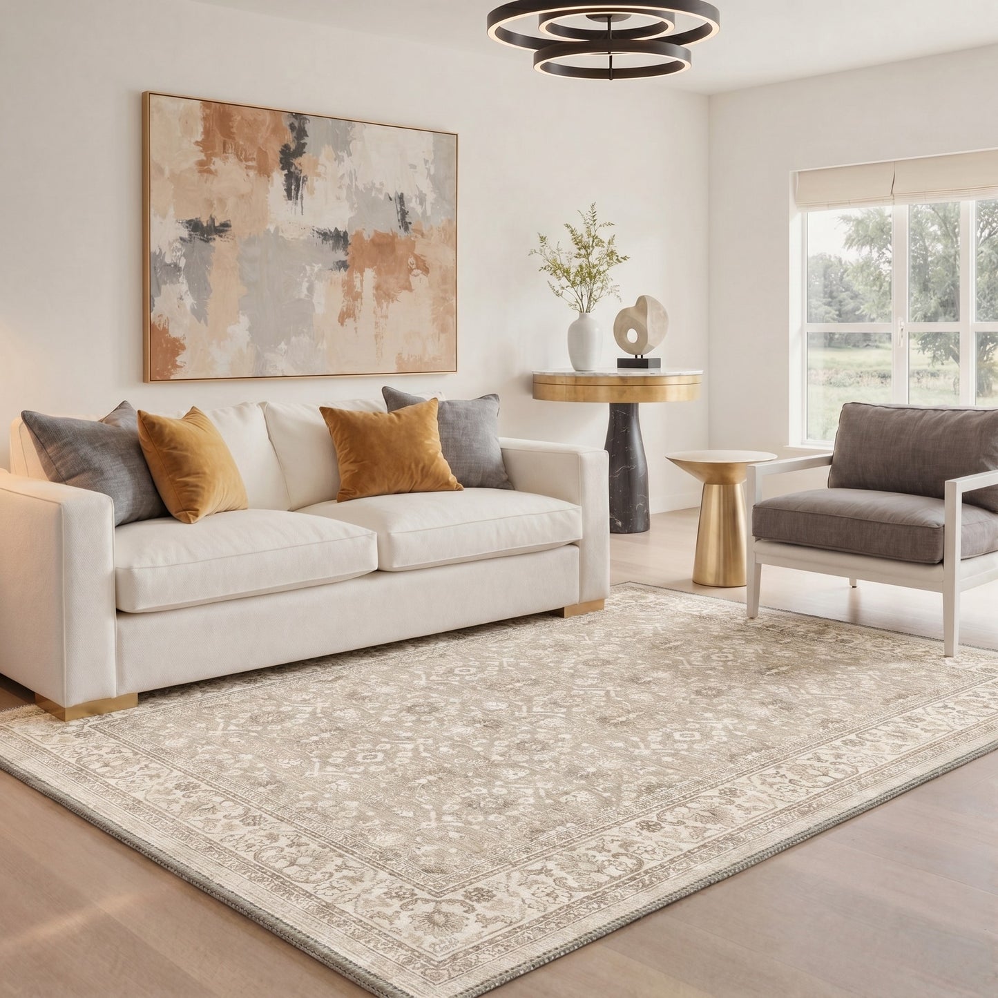 KUETH 8X10 Machine Washable Area Rug, Low Pile Non-Slip Backing Carpet for Living Room and Bedroom, Pet-Friendly Vintage Floral Medallion Rug, Beige