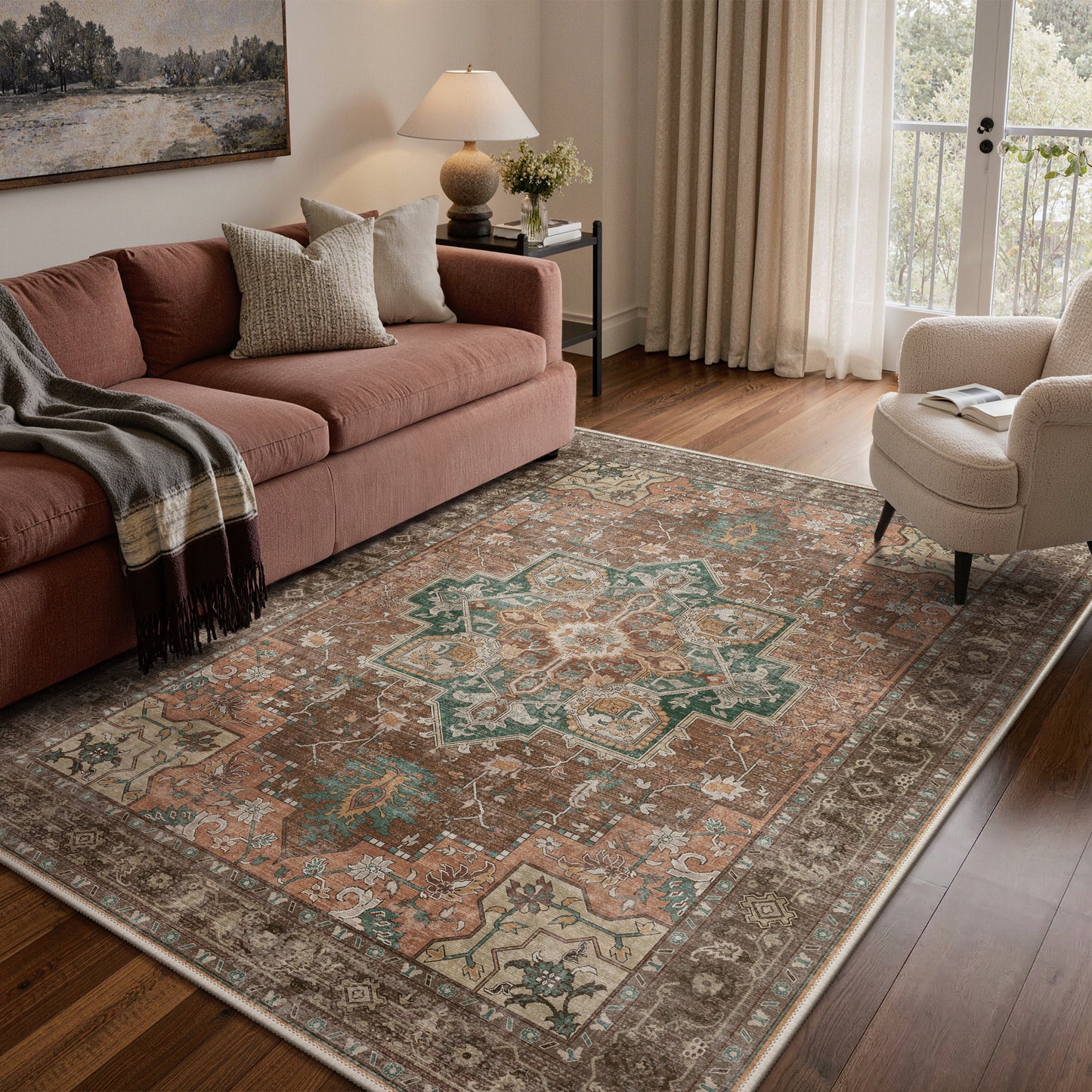 KUETH Modern 8x10 Area Rugs for Living Room, Non Slip Machine Washable Retro Rugs, Low Pile Chenille Print Rug for Bedroom, Dining Room, Home Office