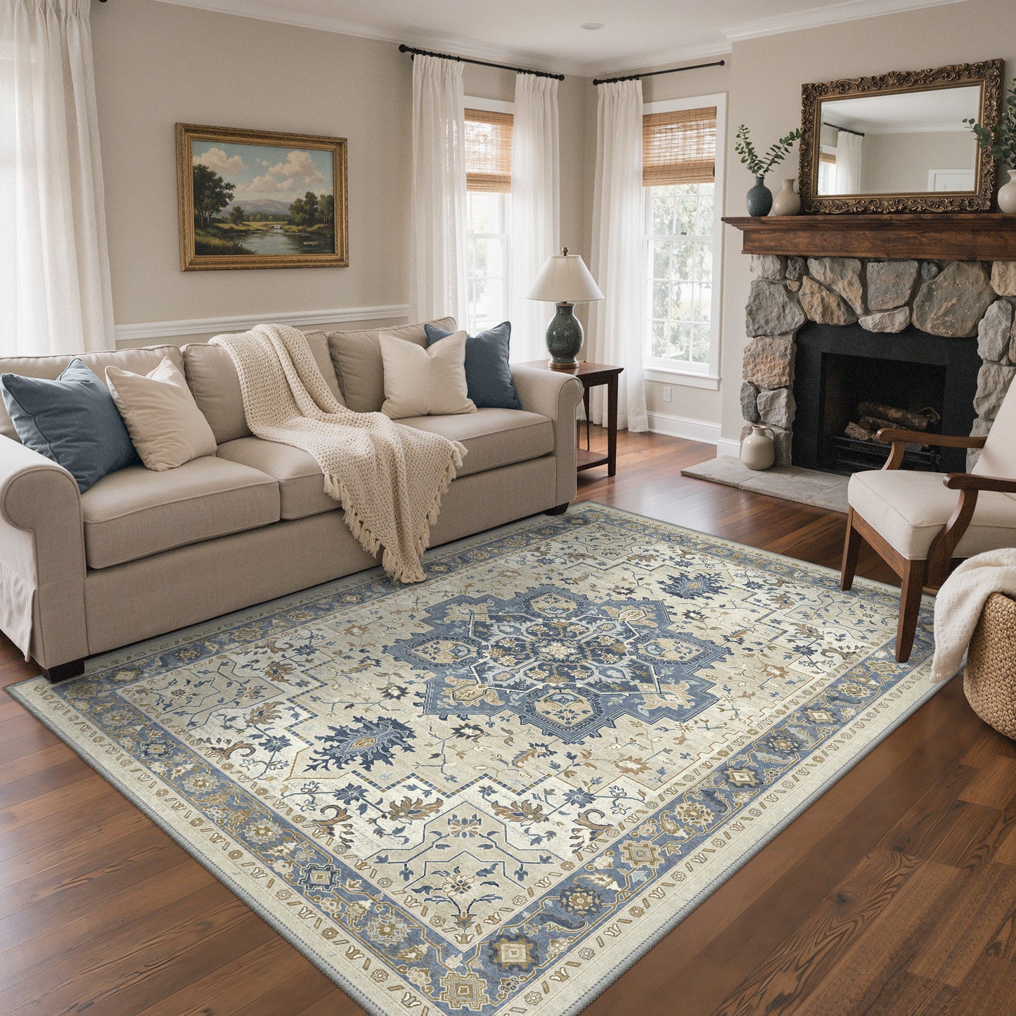 KUETH Modern 8x10 Area Rugs for Living Room, Non Slip Machine Washable Retro Rugs, Low Pile Chenille Print Rug for Bedroom, Dining Room, Home Office, Charcoal Brown