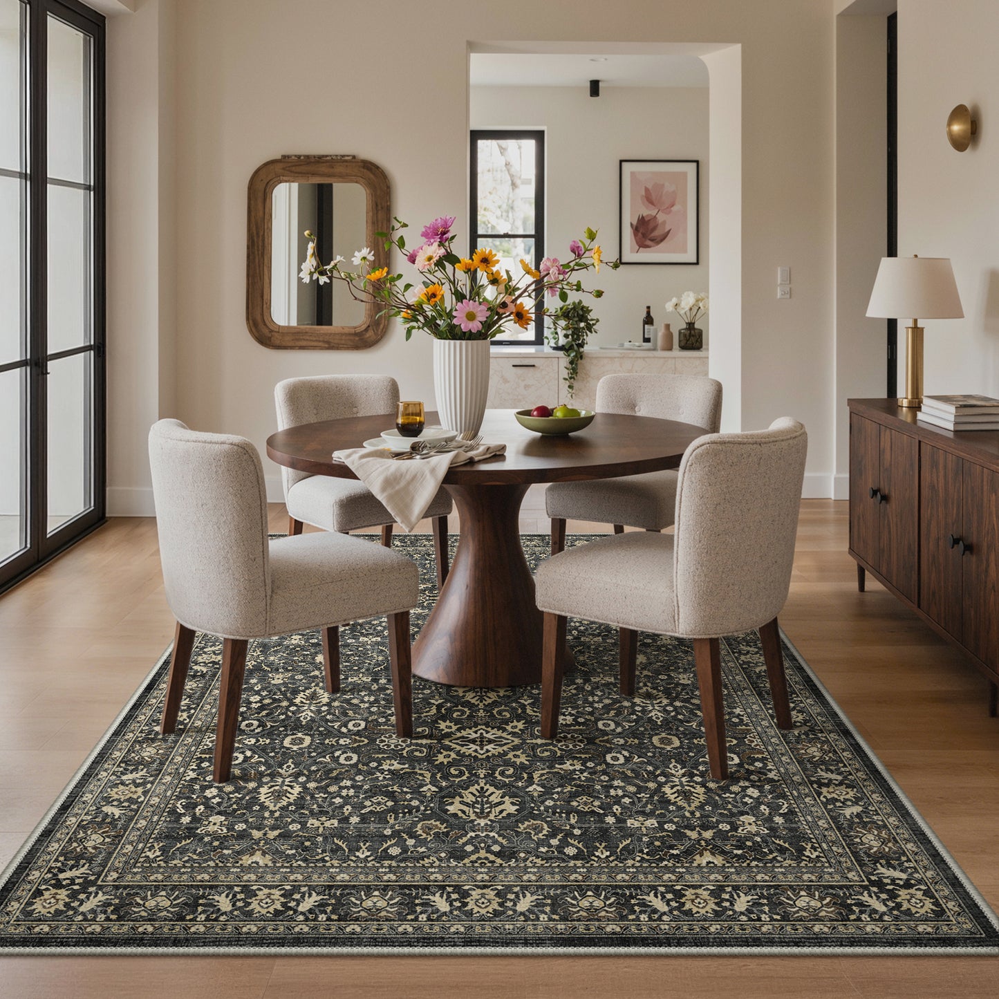 KUETH Modern 8x10 Area Rugs for Living Room, Non Slip Machine Washable Retro Rugs, Low Pile Chenille Print Rug for Bedroom, Dining Room, Home Office