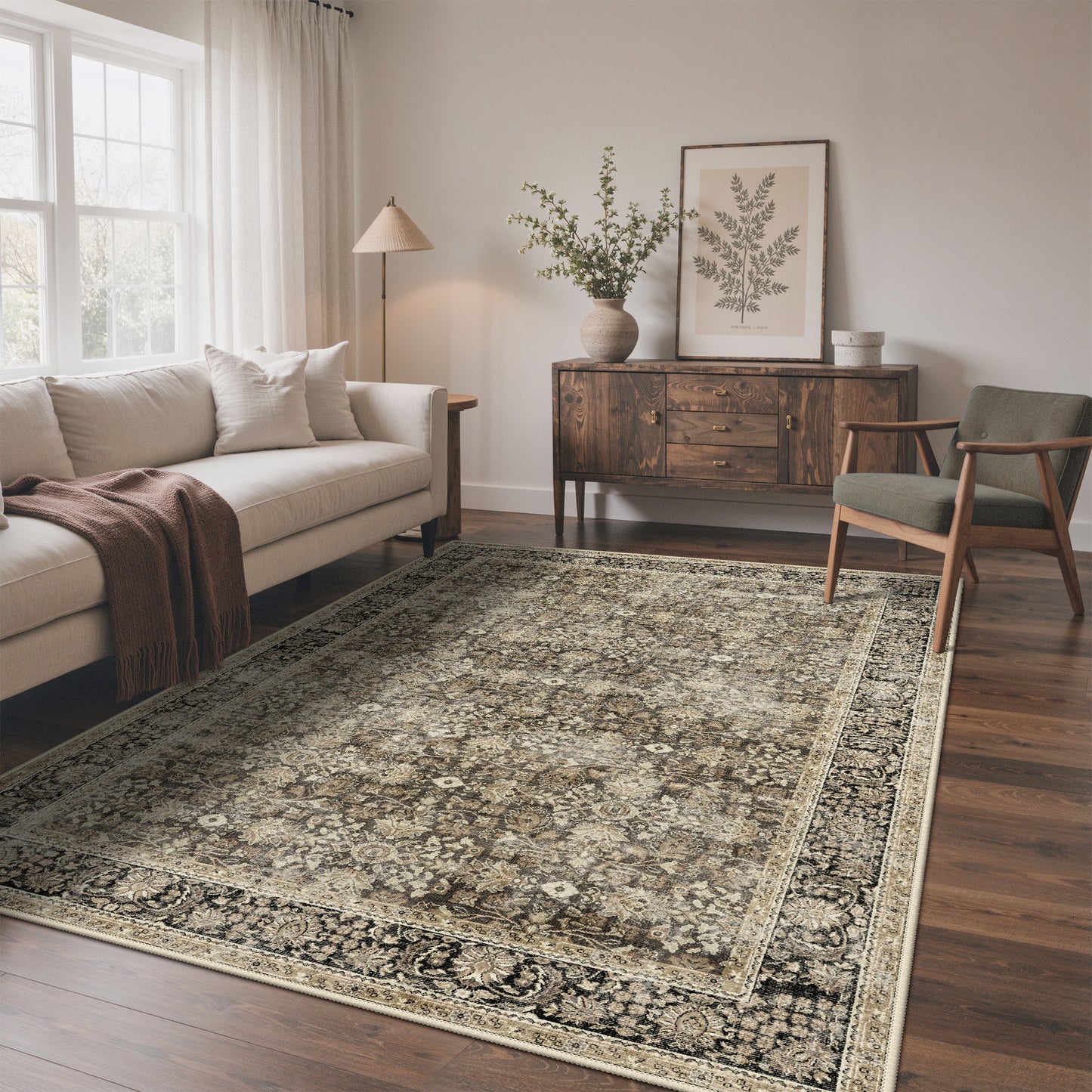 KUETH Modern 8x10 Area Rugs for Living Room, Non Slip Machine Washable Retro Rugs, Low Pile Chenille Print Rug for Bedroom, Dining Room, Home Office