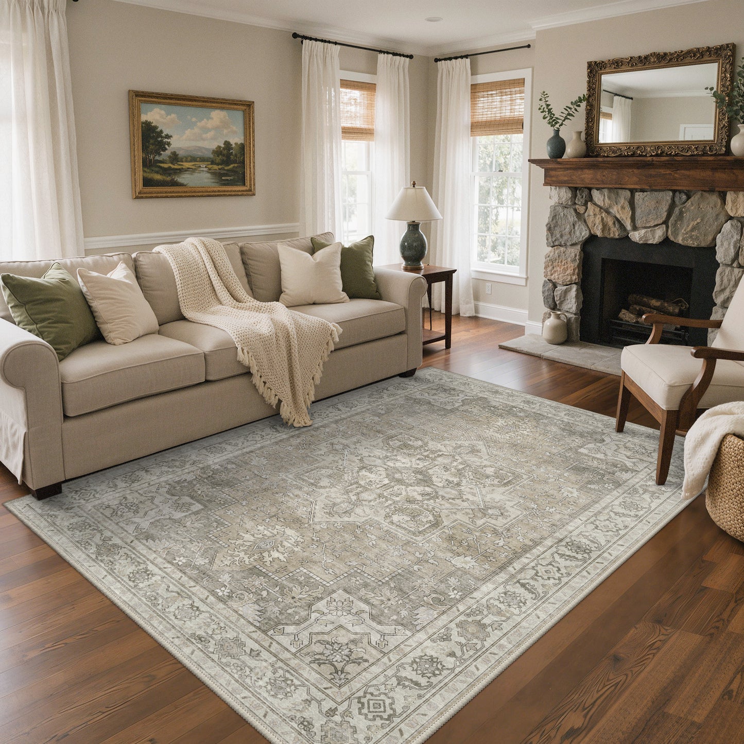 KUETH 8X10 Vintage Area Rugs Machine Washable Rugs for Living Room, Non Slip Flat Pile Rug with Rubber Backing, Persian Rug for Entryway Bedroom Dining Room Home Office