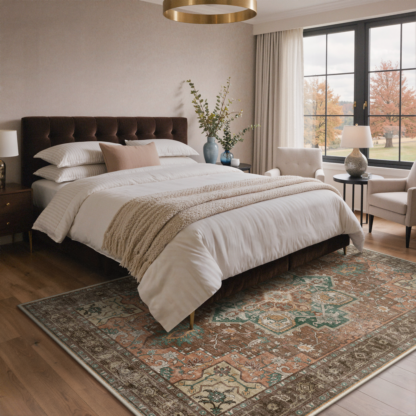 KUETH Modern 8x10 Area Rugs for Living Room, Non Slip Machine Washable Retro Rugs, Low Pile Chenille Print Rug for Bedroom, Dining Room, Home Office