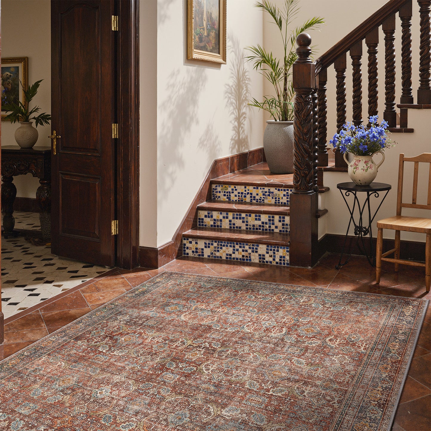 KUETH 5'x7' Area Rugs for Living Room, Non Slip Machine Washable Vintage Indoor Rug, Low Pile Chenille Print Rug for Bedroom Dining Room Home Office