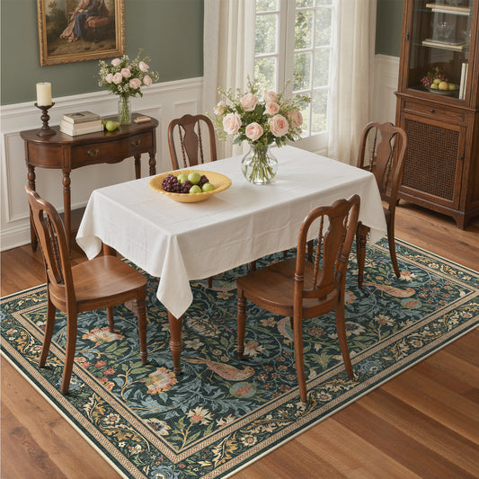KUETH 8'x10' Vintage Floral Area Rugs for Living Room, Non Slip Machine Washable Forest Bird Rug, Low Pile Print Rug for Bedroom Dining Room Home Office