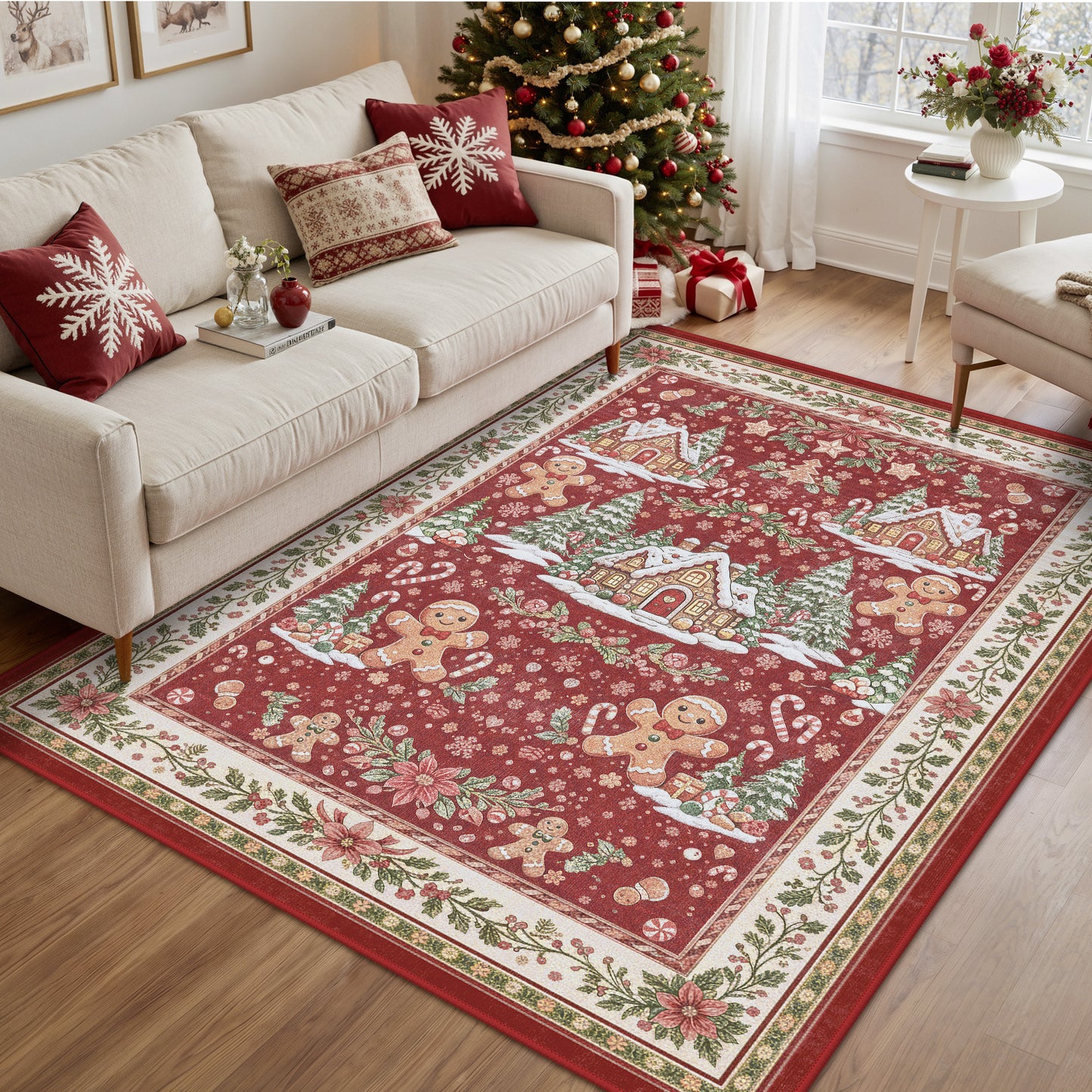KUETH 8X10 Area Rugs Christmas Rug, Machine Washable Rug, Area Rugs for Livingroom, Printed Christmas Decor,Ultra-thin Non Slip Rug, Low Pile for Bedroom, Kitchen, Dinning room