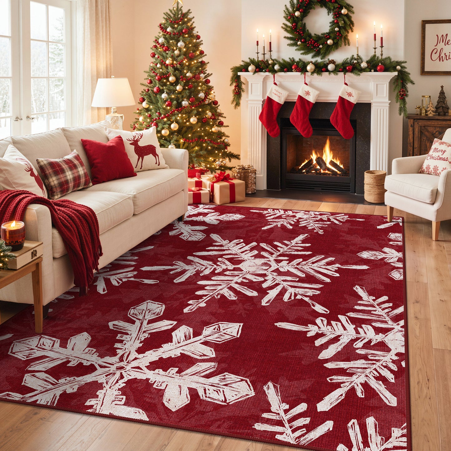 KUETH 8X10 Area Rugs Christmas Rug, Machine Washable Rug, Area Rugs for Livingroom, Printed Christmas Decor,Ultra-thin Non Slip Rug, Low Pile for Bedroom, Kitchen, Dinning room