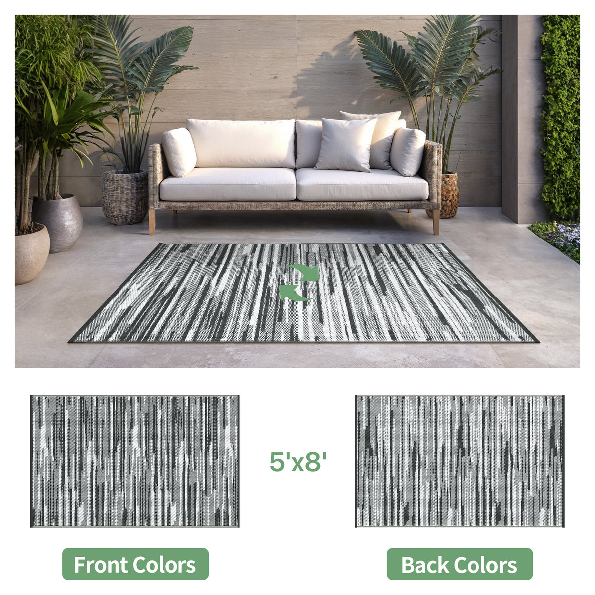 KUETH 5' x 8' Outdoor Waterproof Reversible Rug Camping Mat Abstract Patio Yard Carpet,BLACK&WHITE