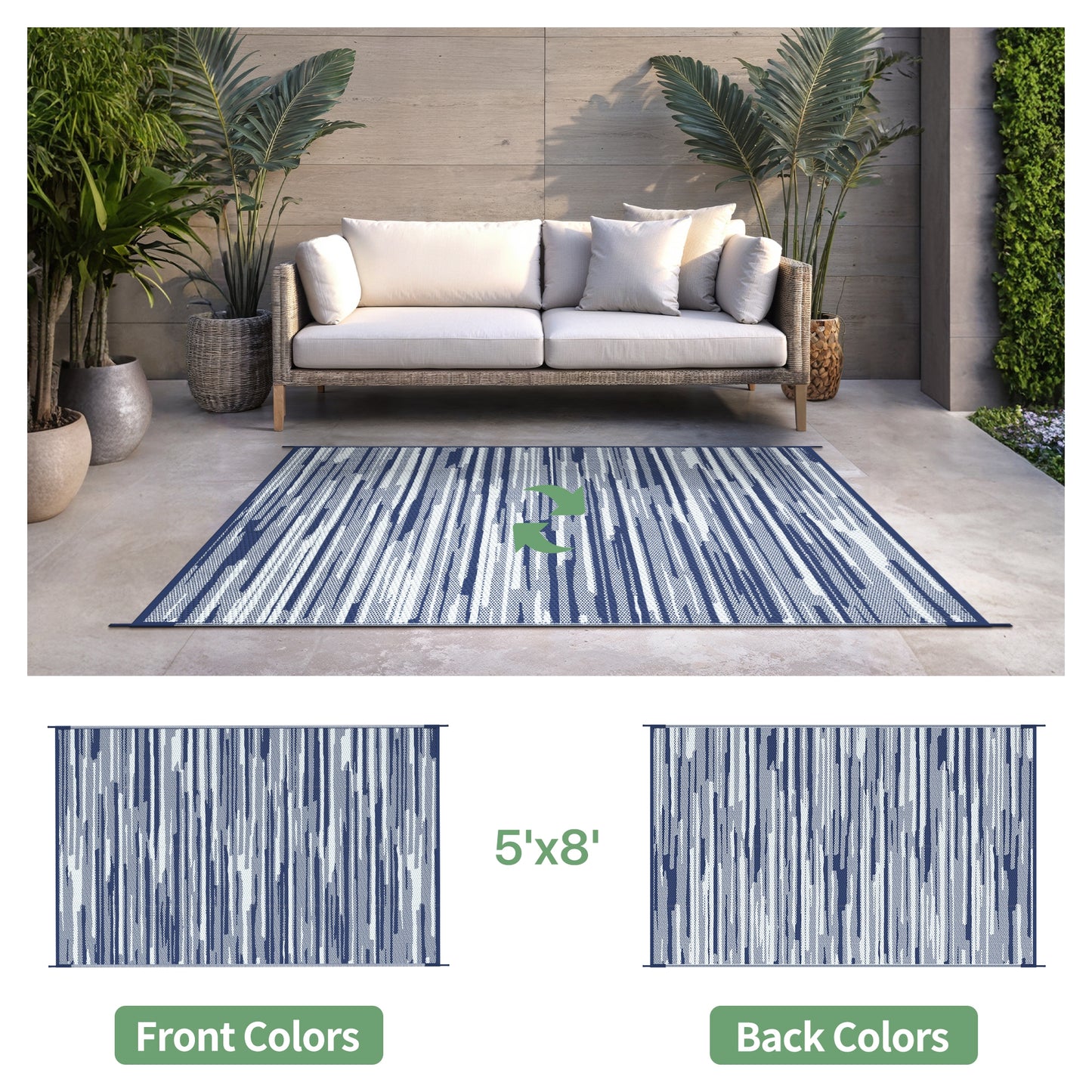 KUETH 5' x 8' Outdoor Waterproof Reversible Rug Camping Mat Abstract Patio Yard Carpet,BLUE&WHITE