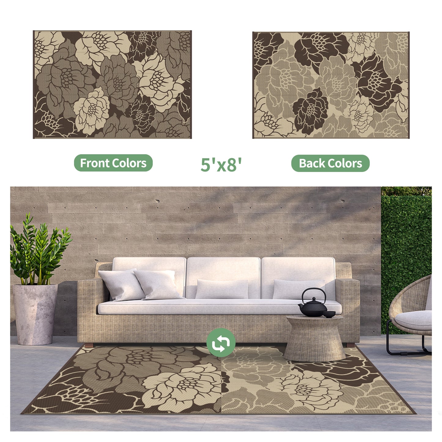 KUETH 5'x 8' Outdoor Rug Plastic Waterproof Outside Foldable Flower Mat UV Resistant Patio RV Deck Carpet,COFFEE BEIGE